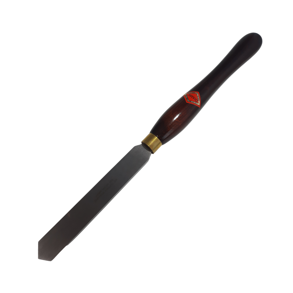 woodturning diamond scraper with high speed steel blade and wooden handle on a white background