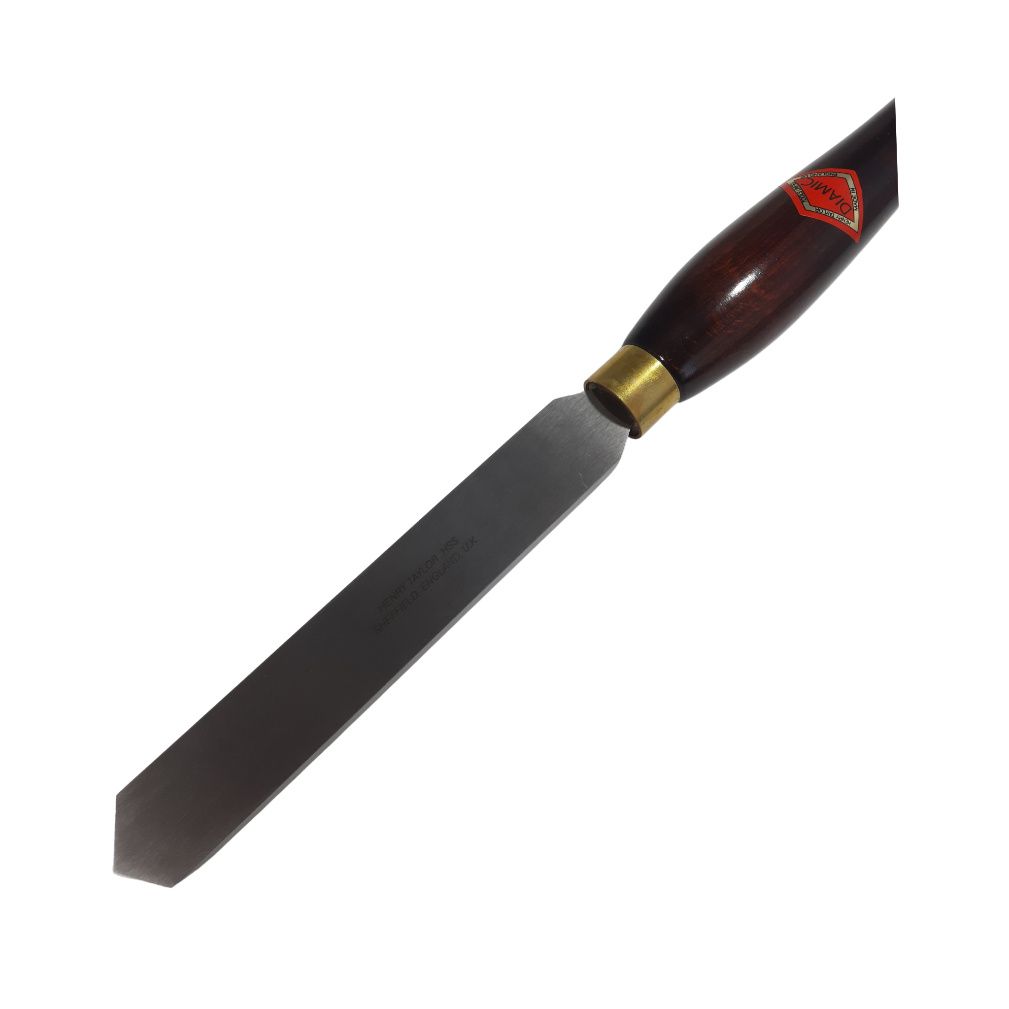 close up of woodturning diamond scraper with high speed steel blade and wooden handle on a white background