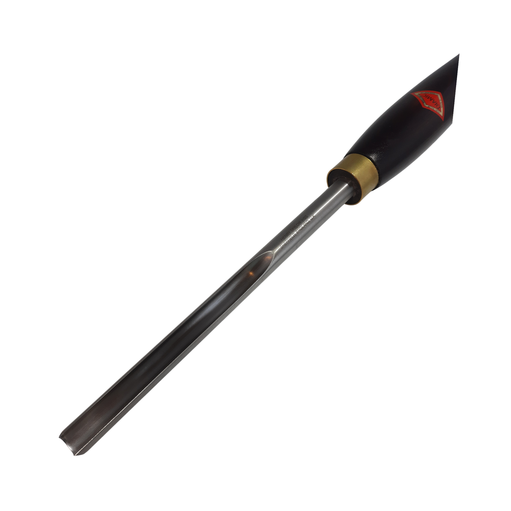close up of woodturning 1/2" bowl gouge with high speed steel blade and wooden handle on a white background