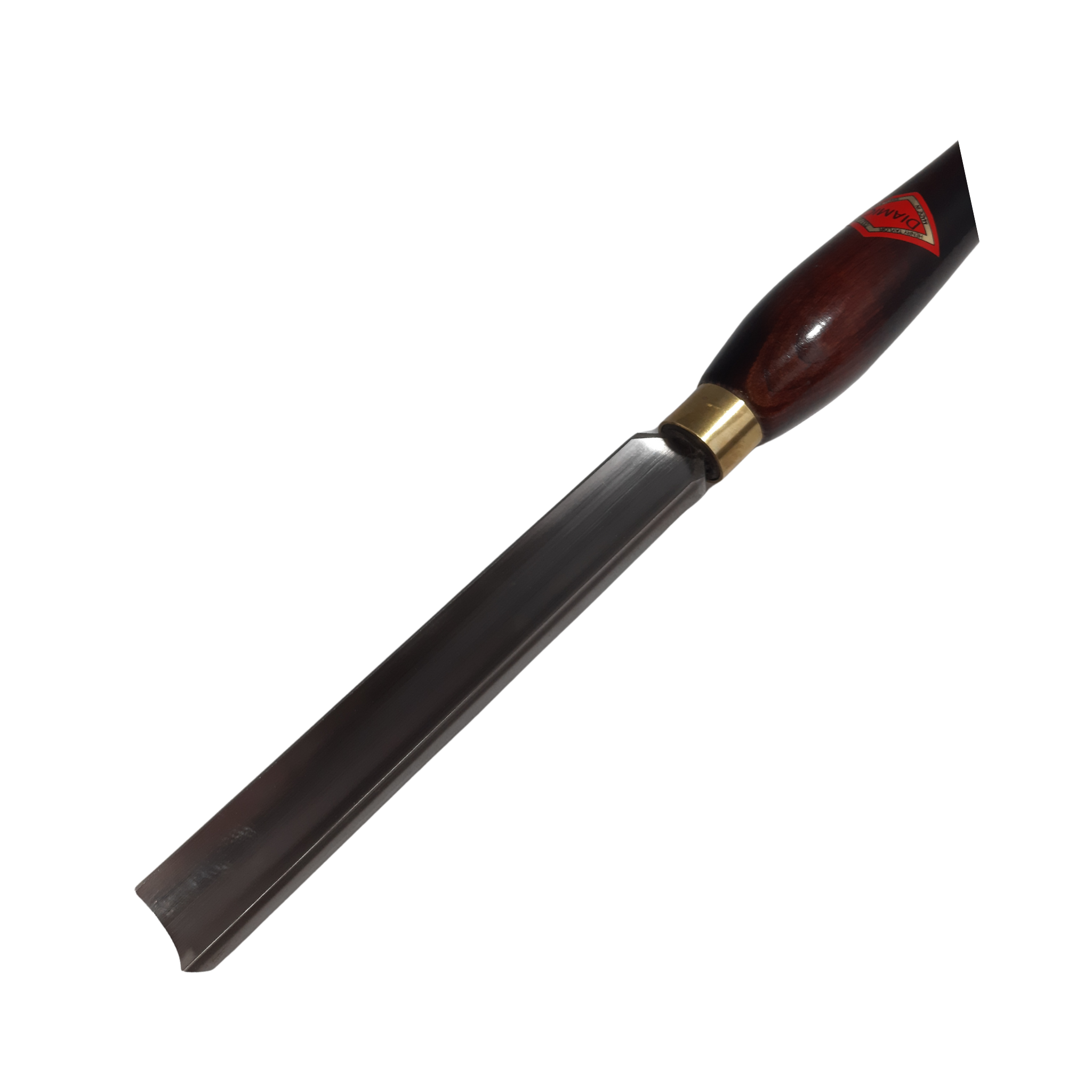 close up of woodturning 1" forged gouge with high speed steel blade and wooden handle on a white background