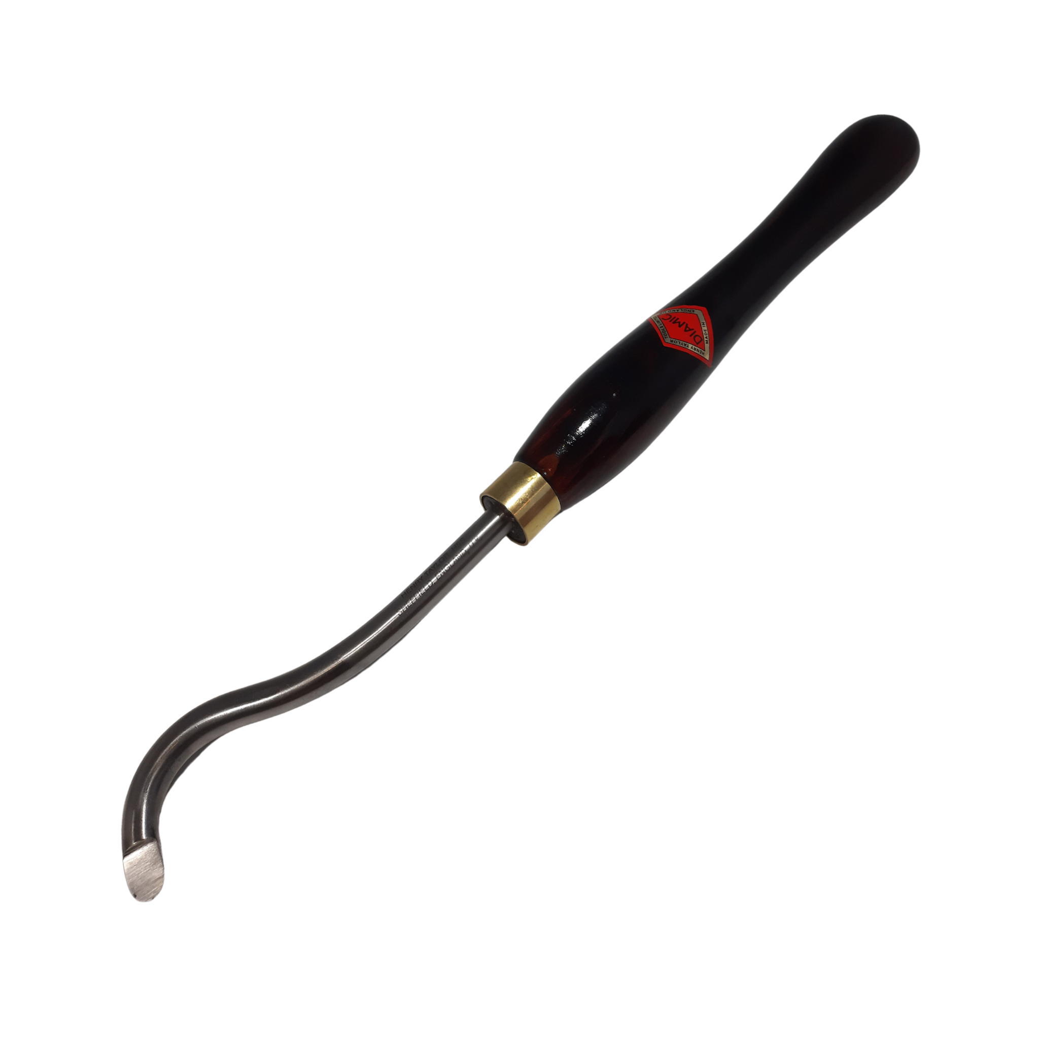 woodturning curved hollowing tool with high speed steel blade and wooden handle on a white background