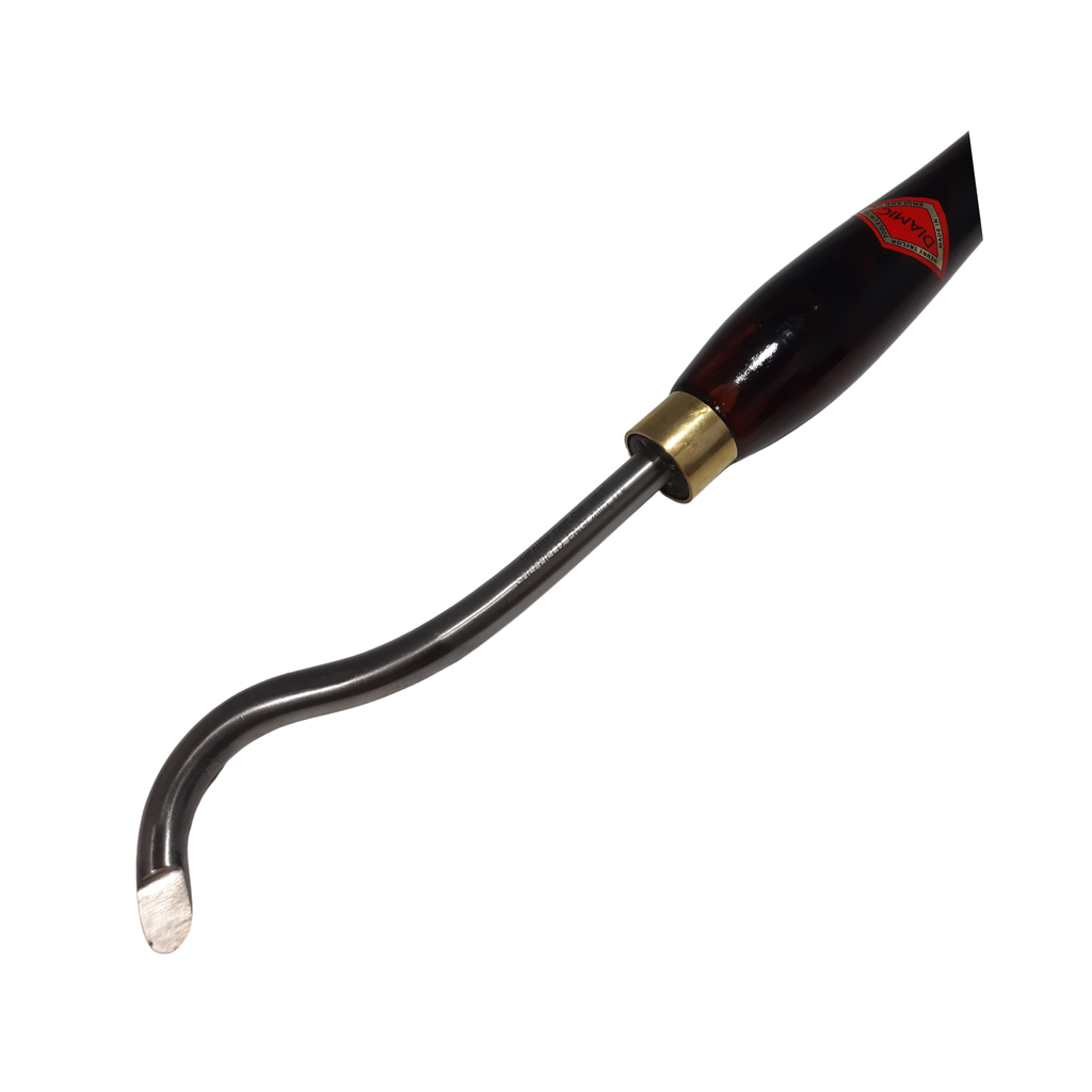 close up of woodturning curved hollowing tool with high speed steel blade and wooden handle on a white background