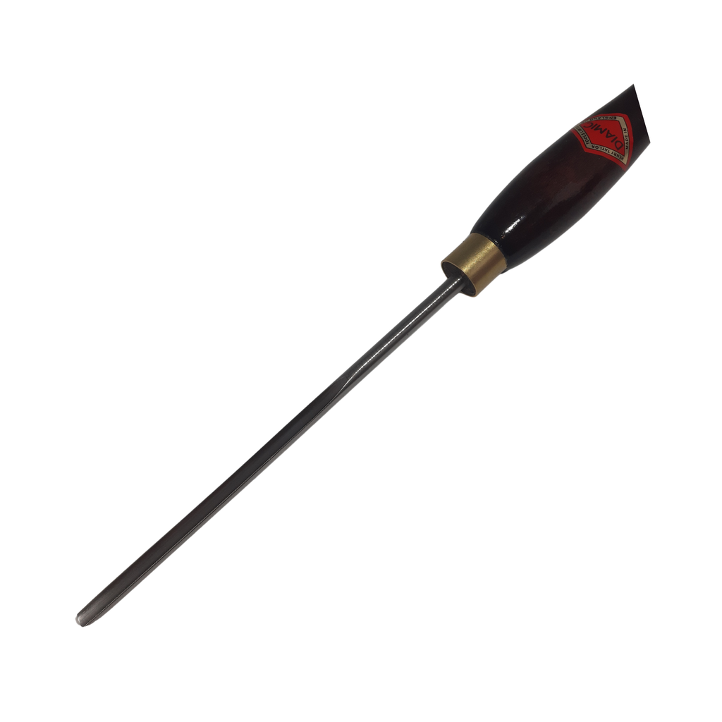 close up of woodturning 1/4" spindle gouge with high speed steel blade and wooden handle on a white background