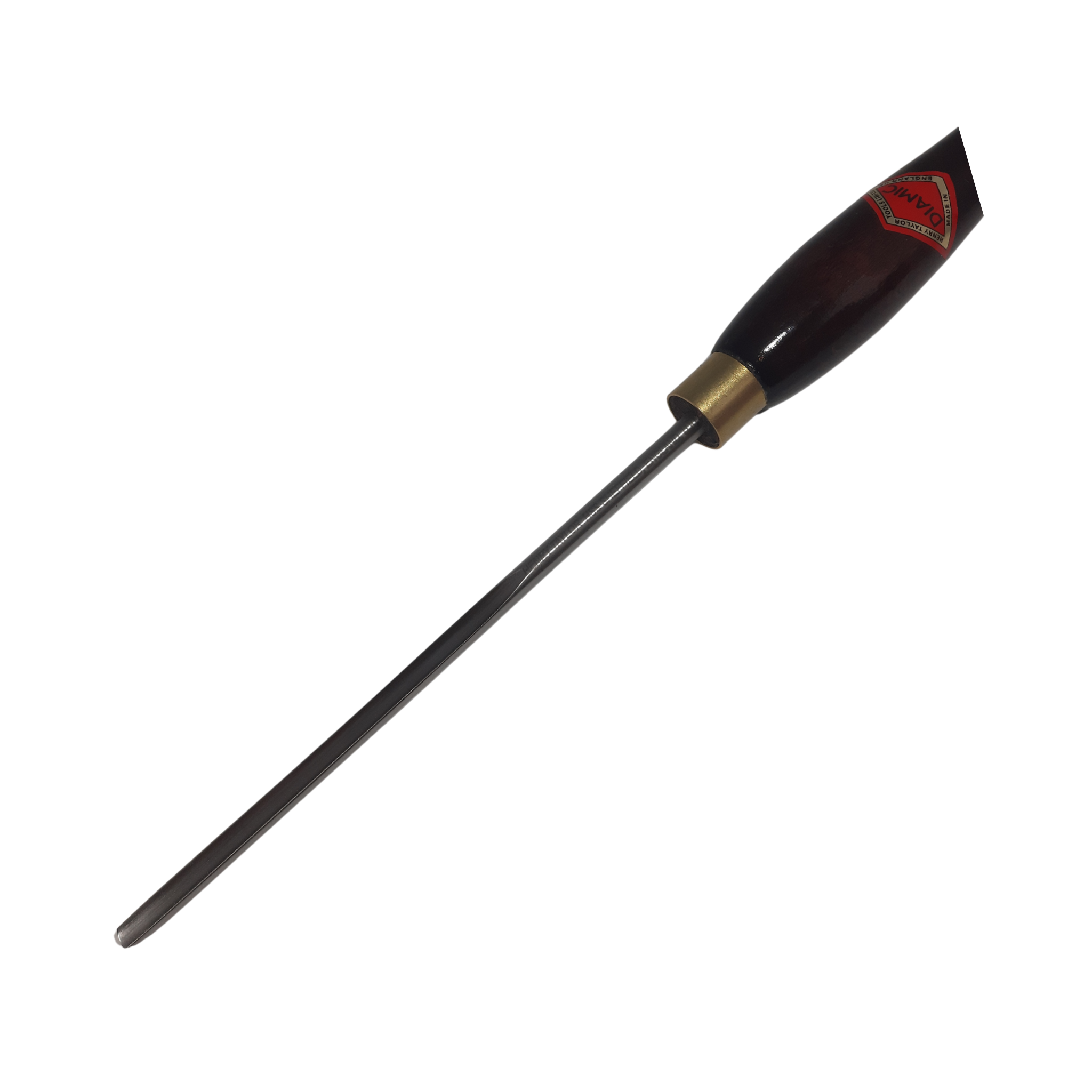 close up of woodturning 1/4" spindle gouge with high speed steel blade and wooden handle on a white background