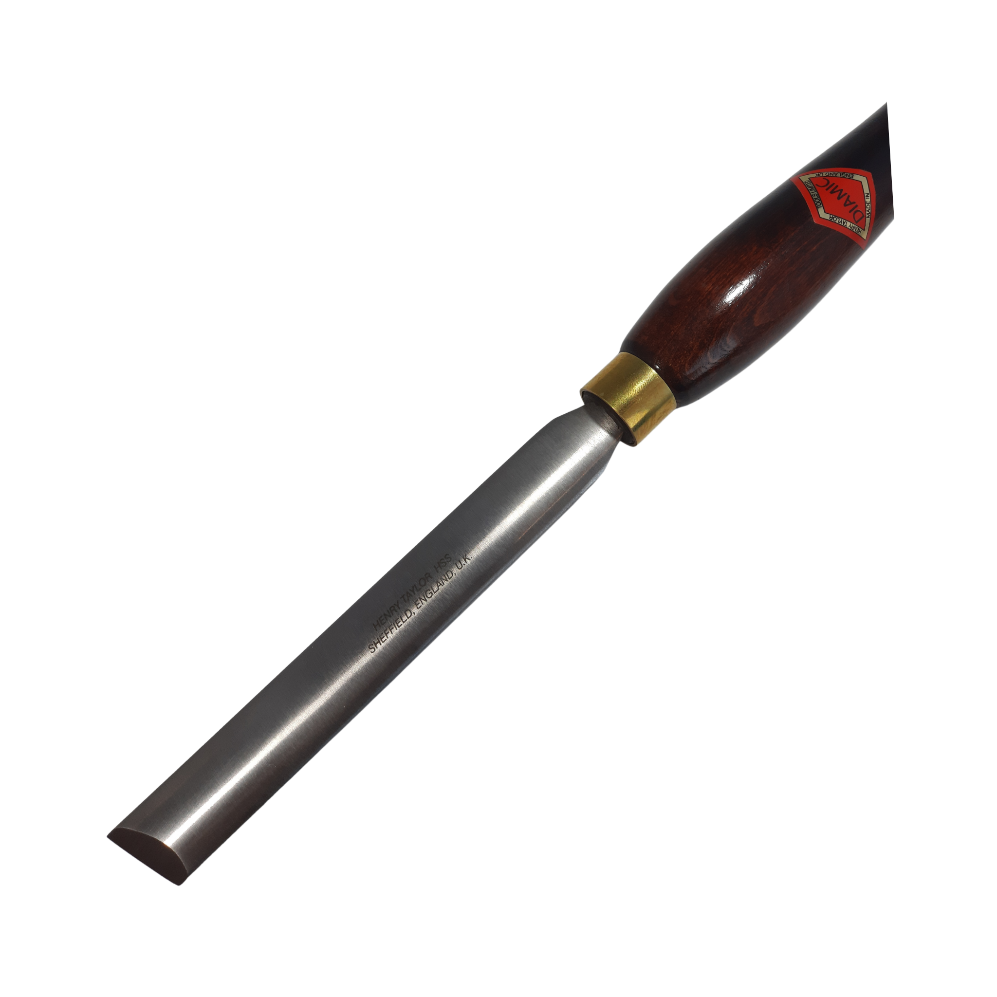 close up of woodturning 3/4" oval chisel with high speed steel blade and wooden handle on a white background