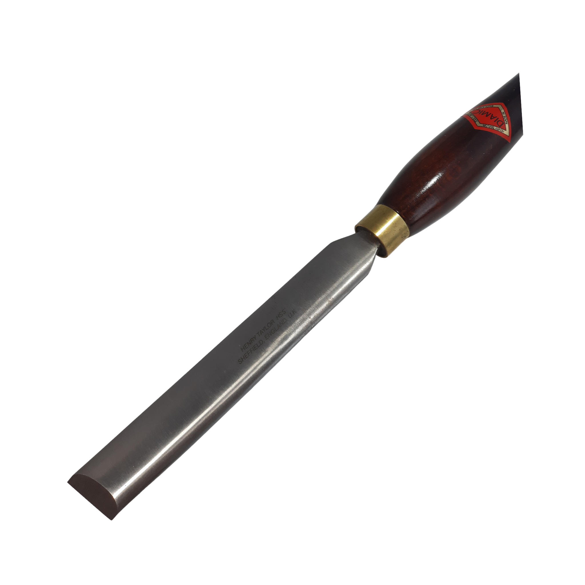 close up of woodturning 1" oval chisel with high speed steel blade and wooden handle on a white background