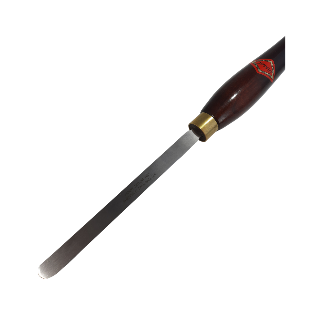 close up of woodturning 1/2" scraper with high speed steel blade and wooden handle on a white background