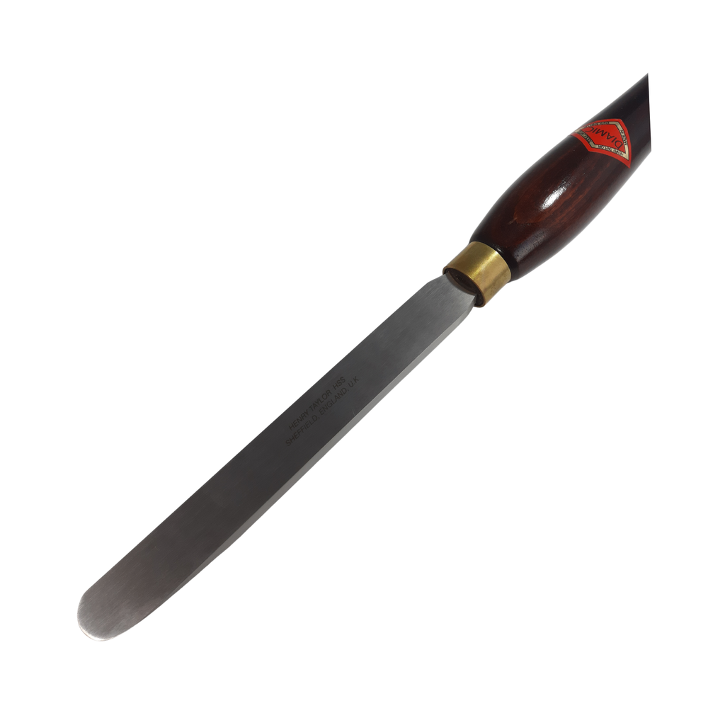 close up of woodturning 3/4" scraper with high speed steel blade and wooden handle on a white background