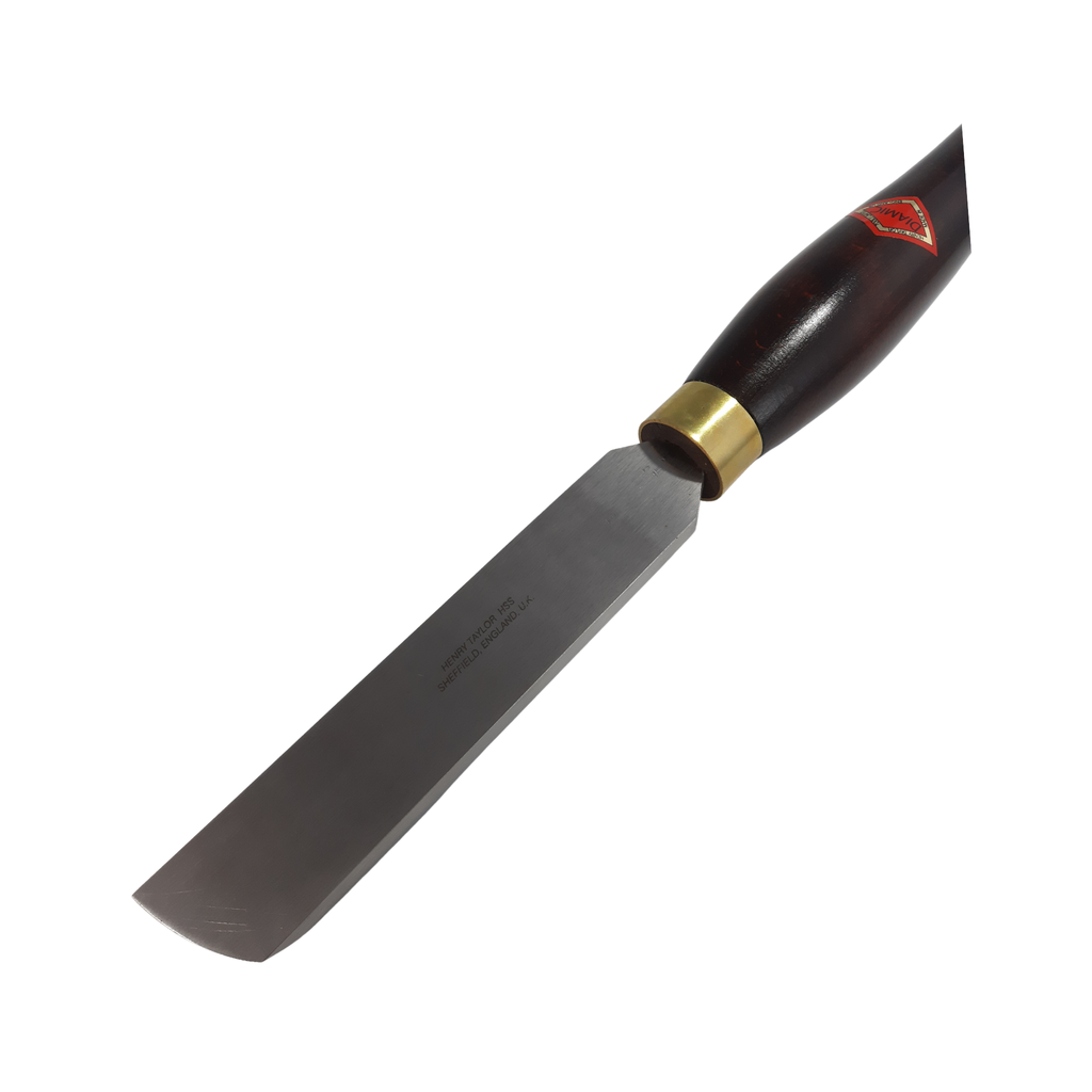 close up of woodturning refining scraper with high speed steel blade and wooden handle on a white background