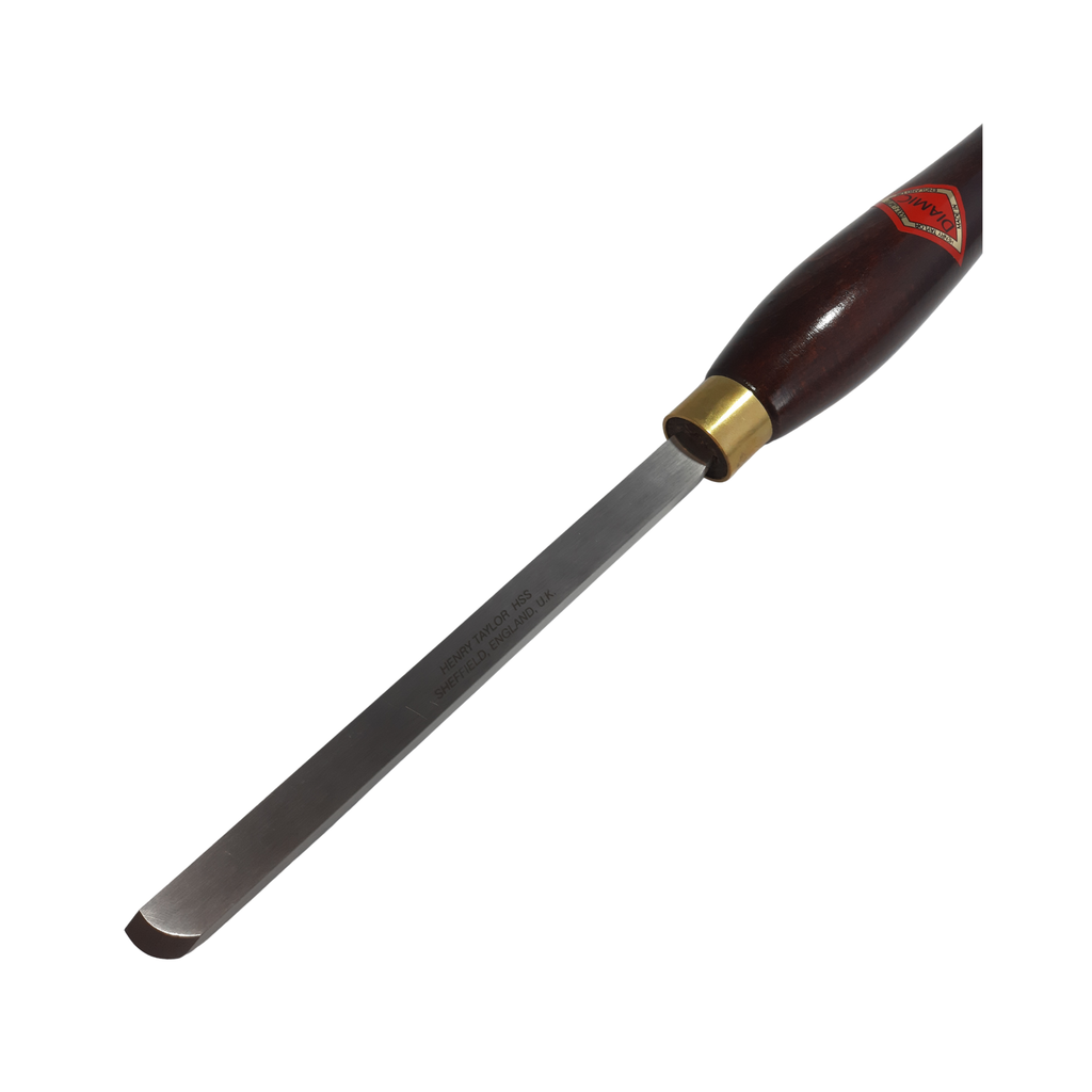 close up of woodturning 1/2" skew chisel with high speed steel blade and wooden handle on a white background