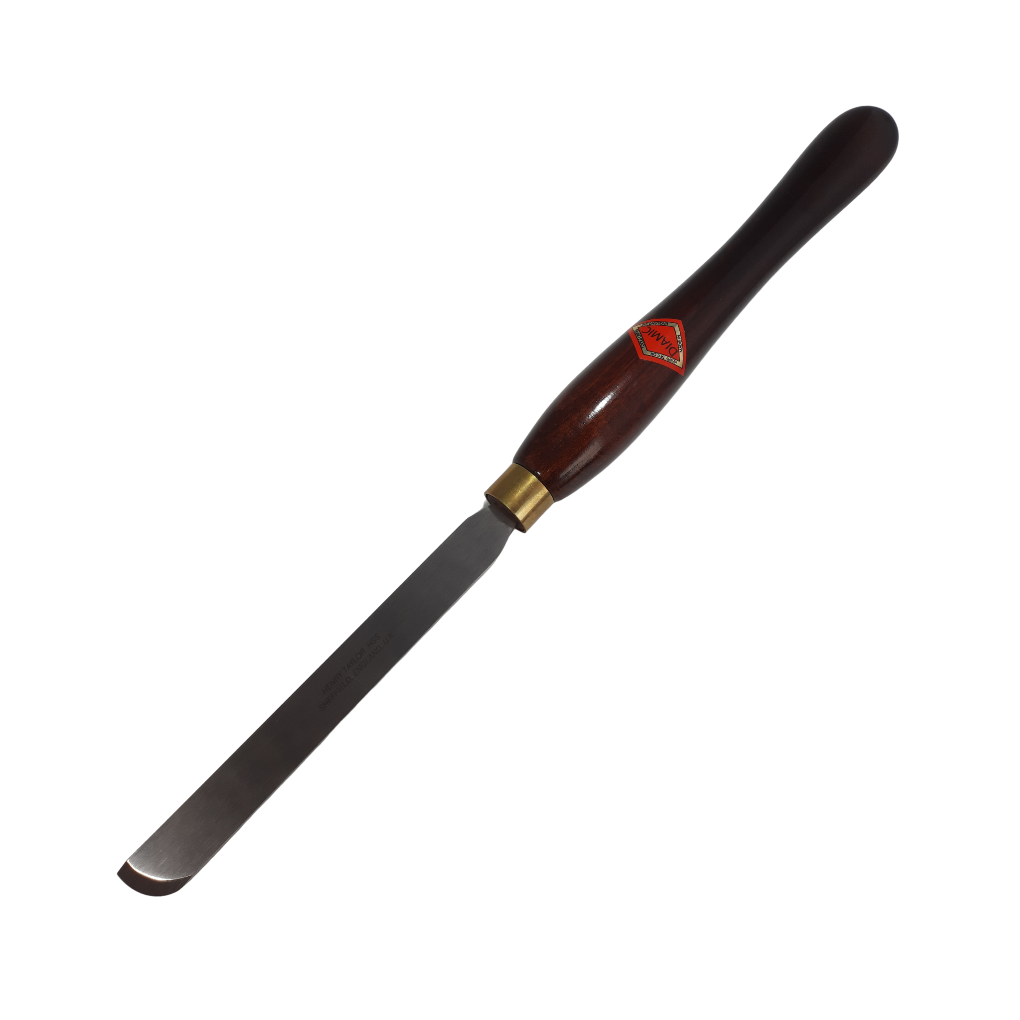 woodturning 3/4" skew chisel with high speed steel blade and wooden handle on a white background
