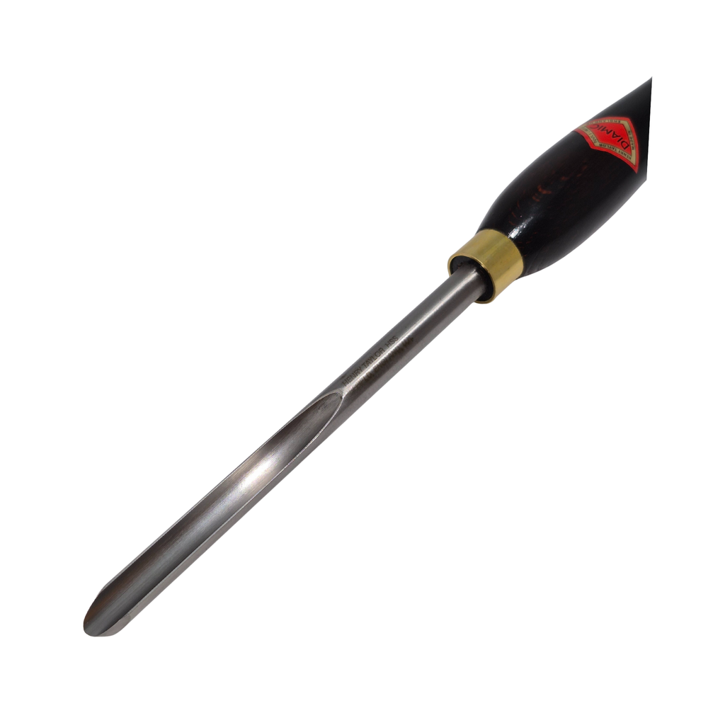 close up of woodturning 1/2" spindle gouge with fingernail grind high speed steel blade and wooden handle on a white background