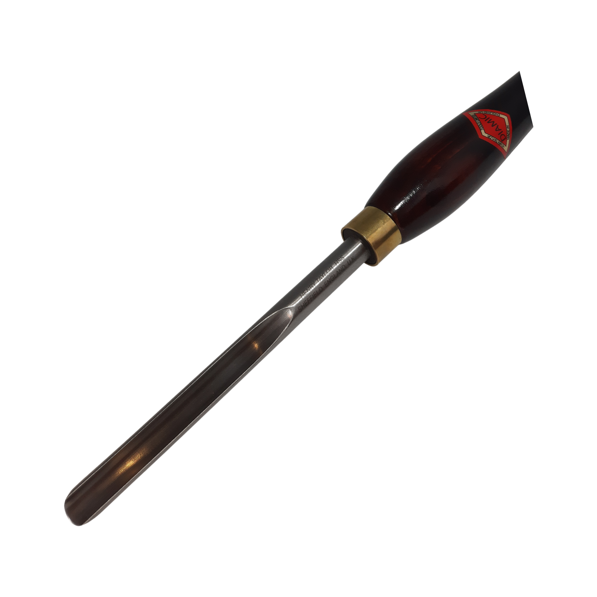 close up of woodturning 1/2" spindle gouge with high speed steel blade and wooden handle on a white background