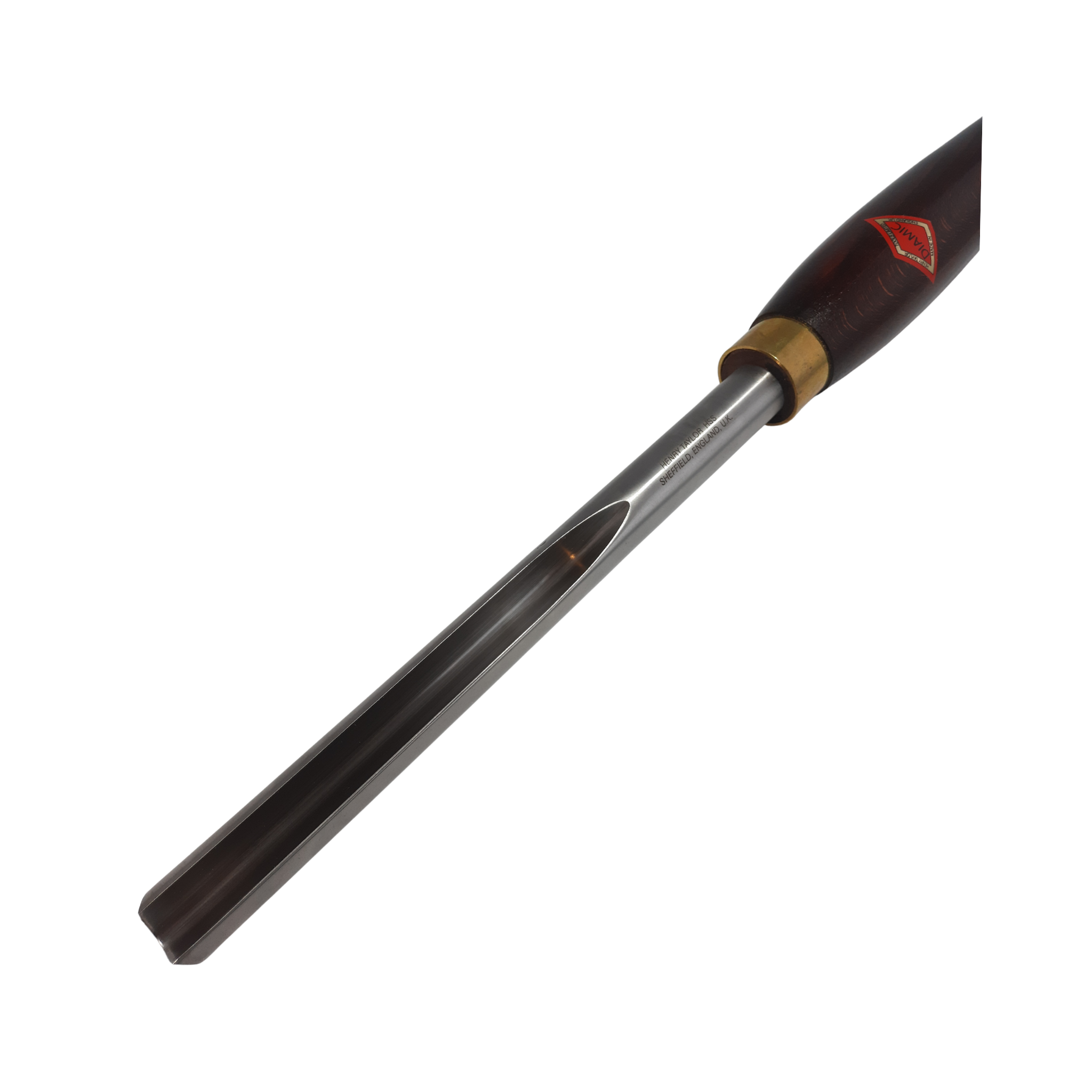 close up of woodturning 5/8" bowl gouge with high speed steel blade and wooden handle on a white background
