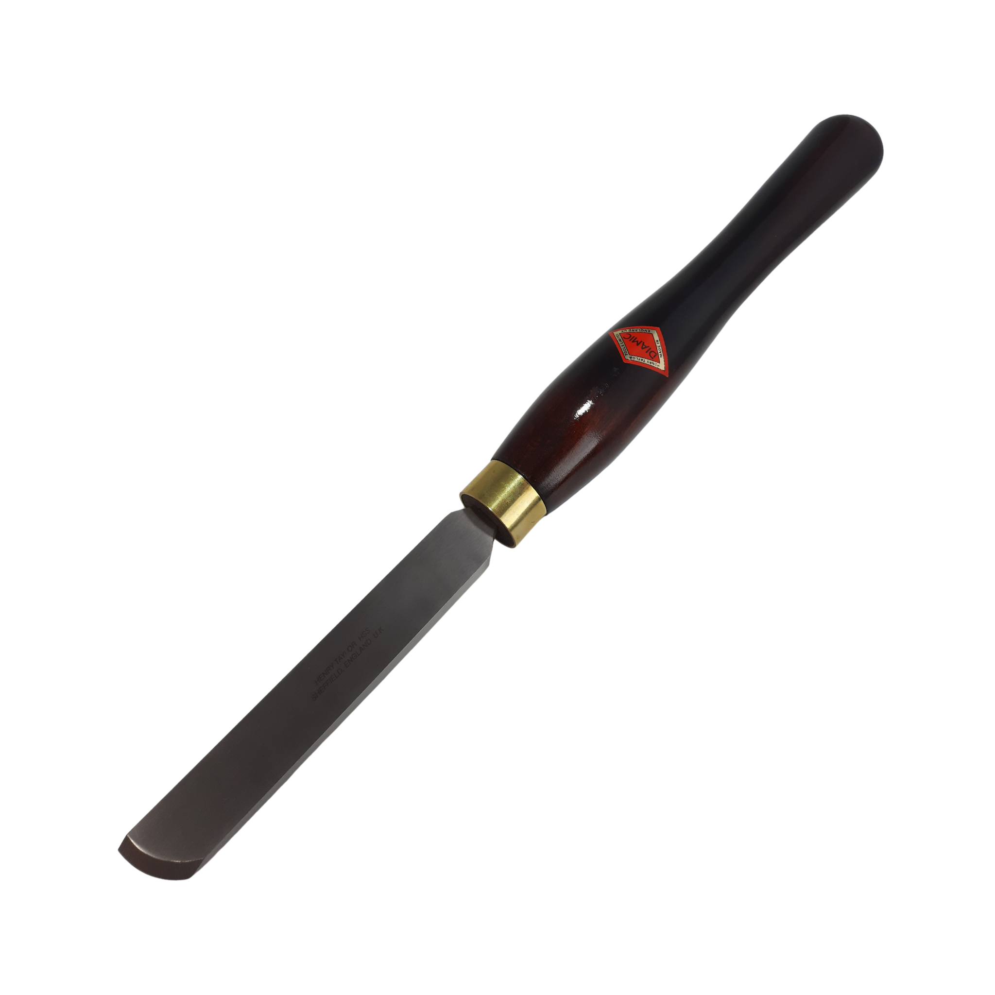 woodturning 1" skew chisel with high speed steel blade and wooden handle on a white background