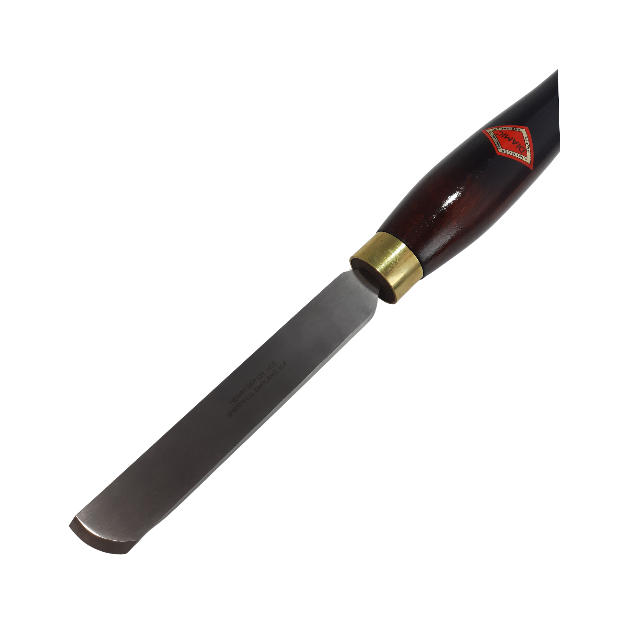 close up of woodturning 1" skew chisel with high speed steel blade and wooden handle on a white background