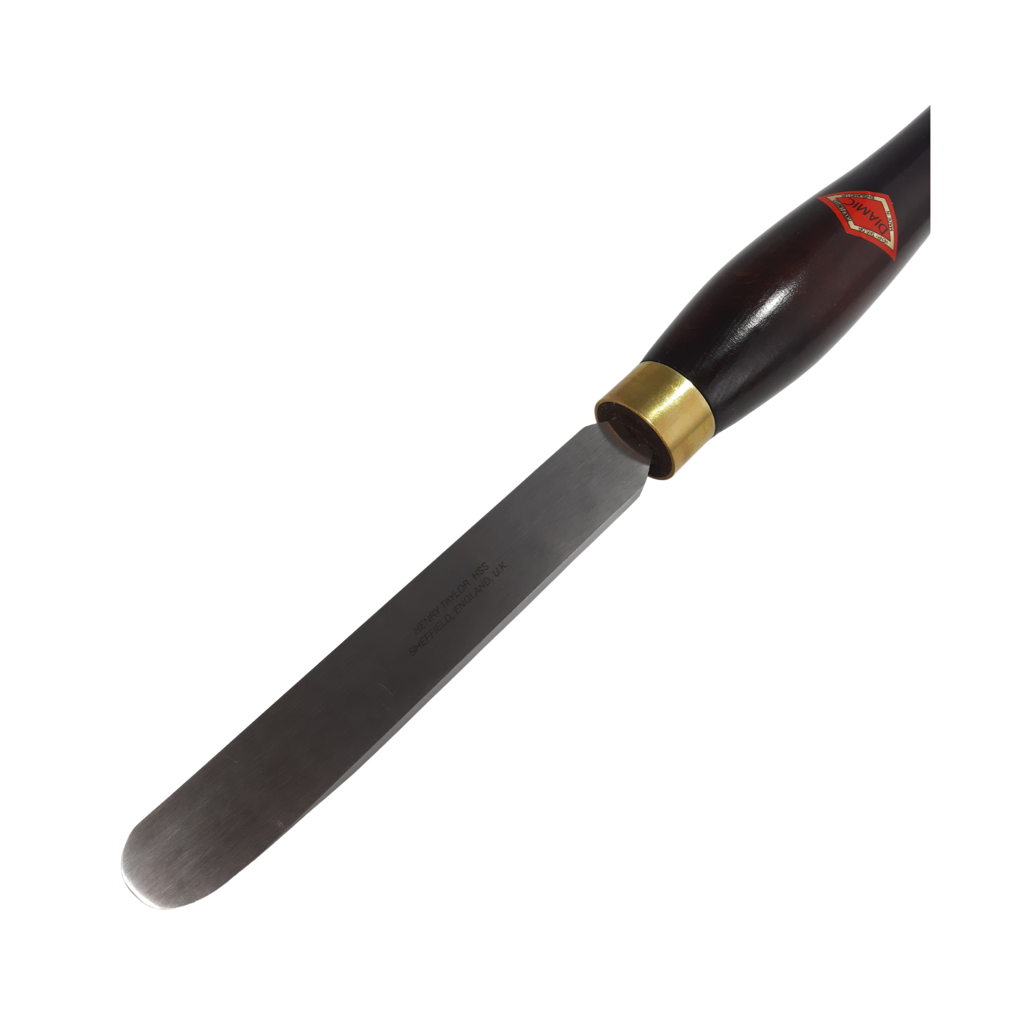 close up of woodturning 1" scraper with high speed steel blade and wooden handle on a white background