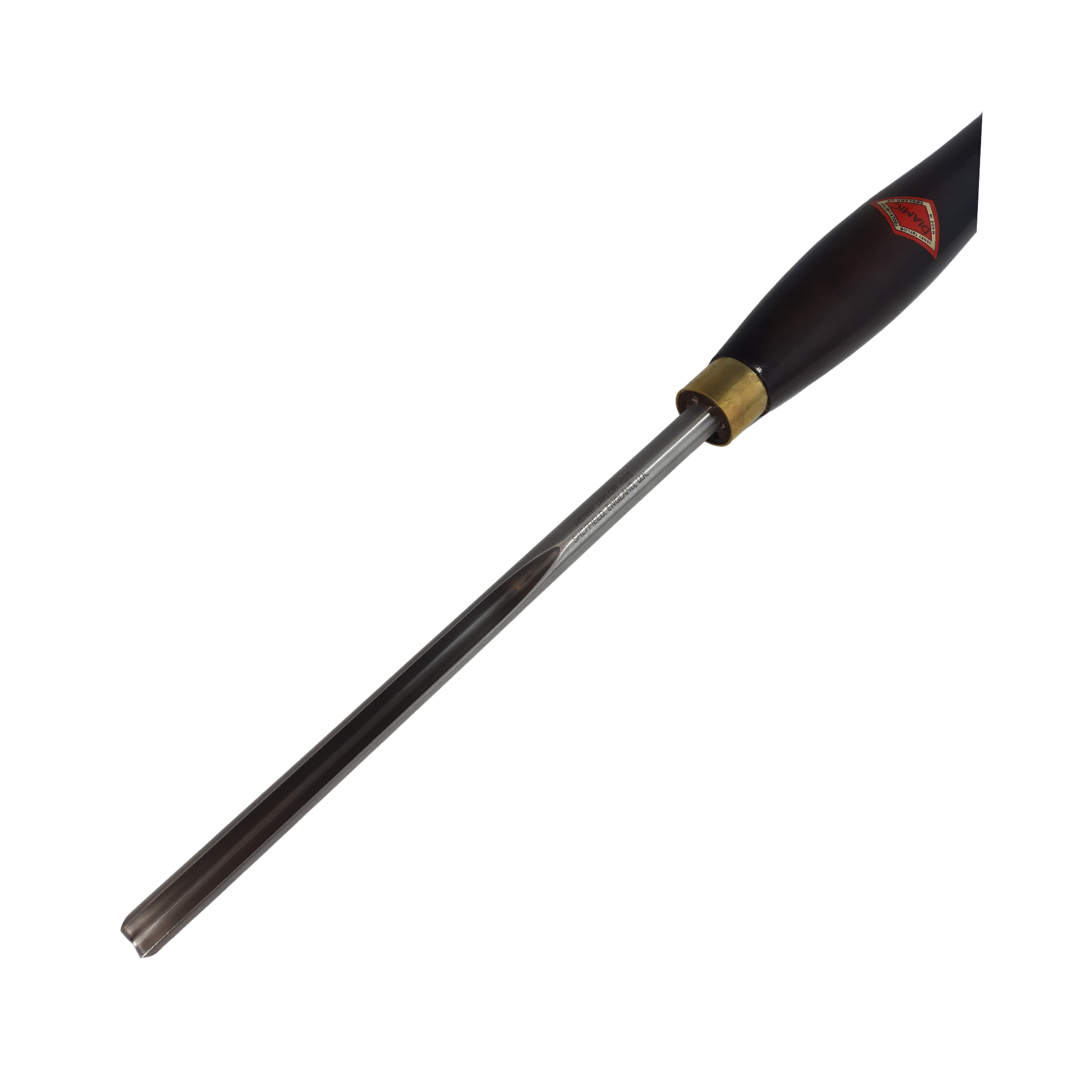 close up of woodturning 3/8" bowl gouge with high speed steel blade and wooden handle on a white background