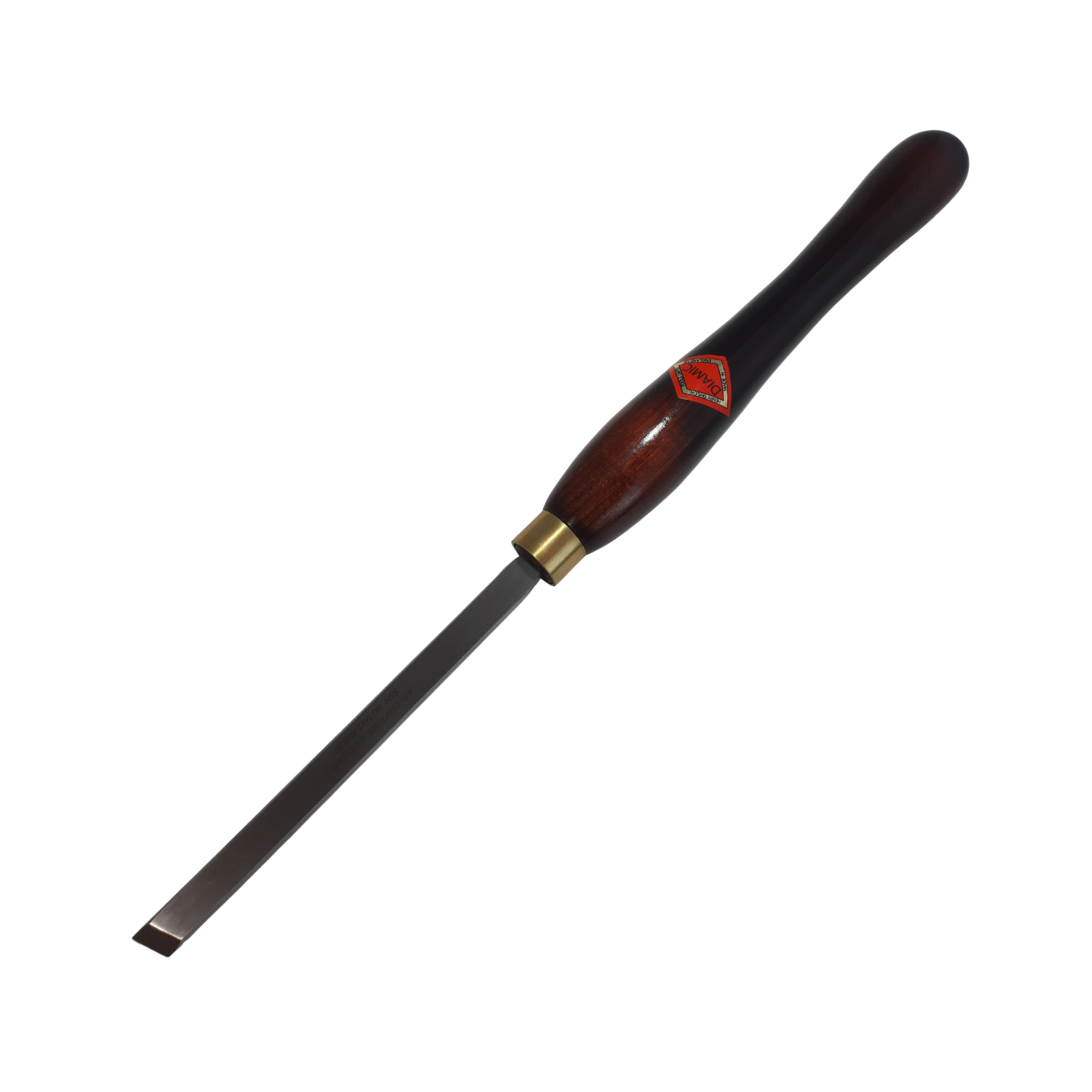 woodturning 1/2" skew chisel with high speed steel blade and wooden handle on a white background