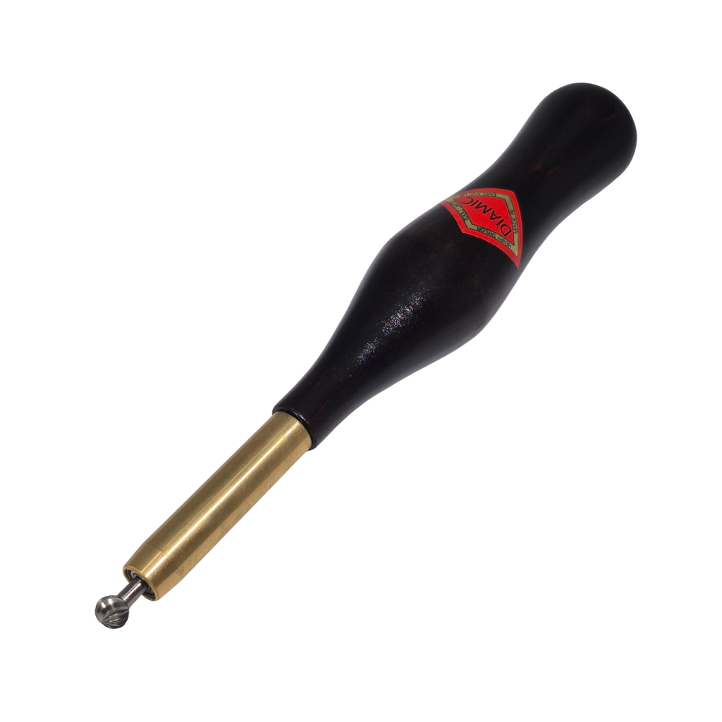 steel woodturning texturing tool with wooden handle on a white background