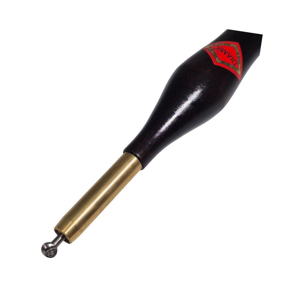 close up of steel woodturning texturing tool with wooden handle on a white background