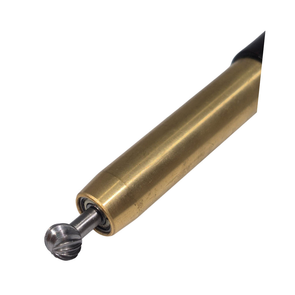 close up of steel woodturning texturing tool ball cutter on a white background
