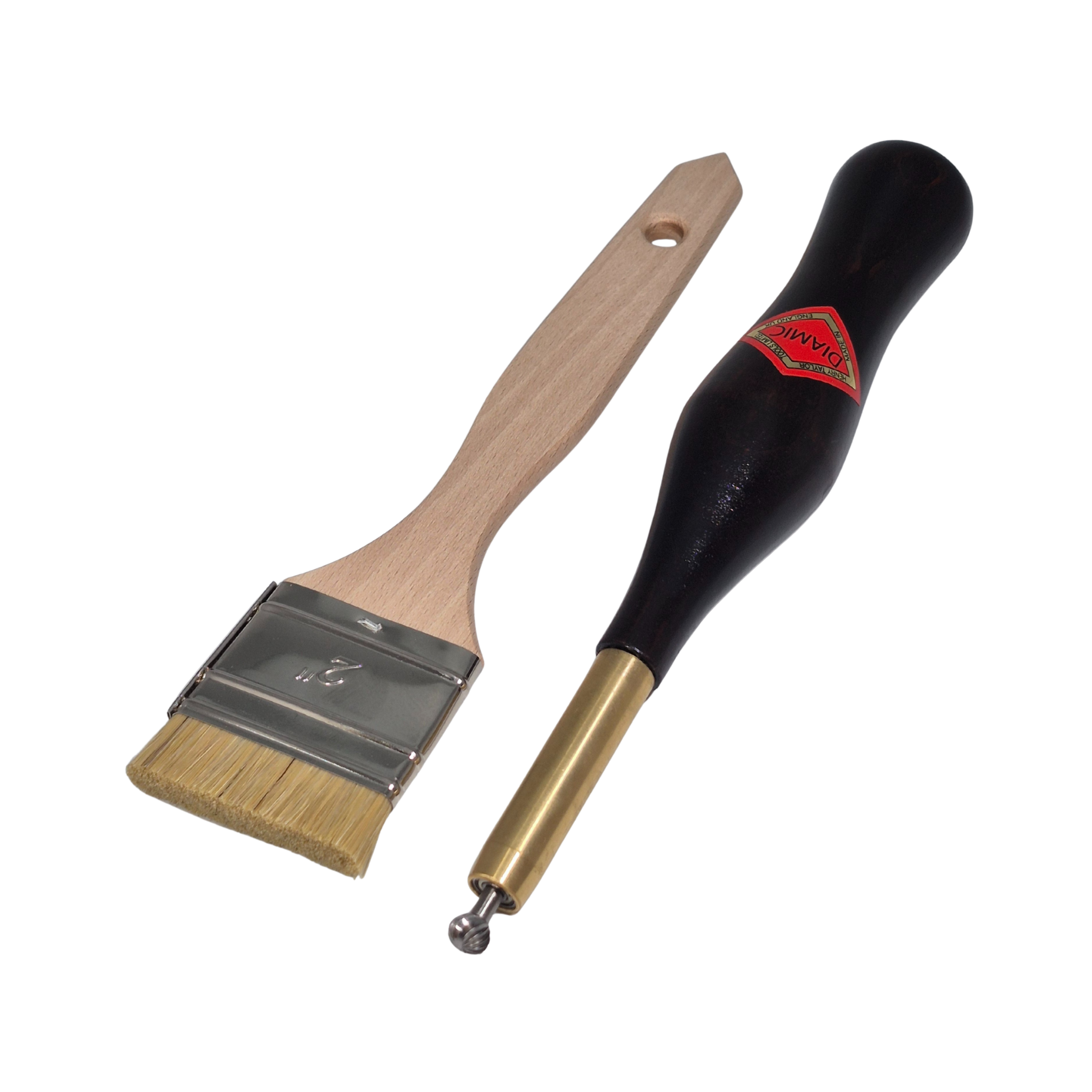 steel woodturning texturing tool with wooden handle and two inch wooden brush on a white background