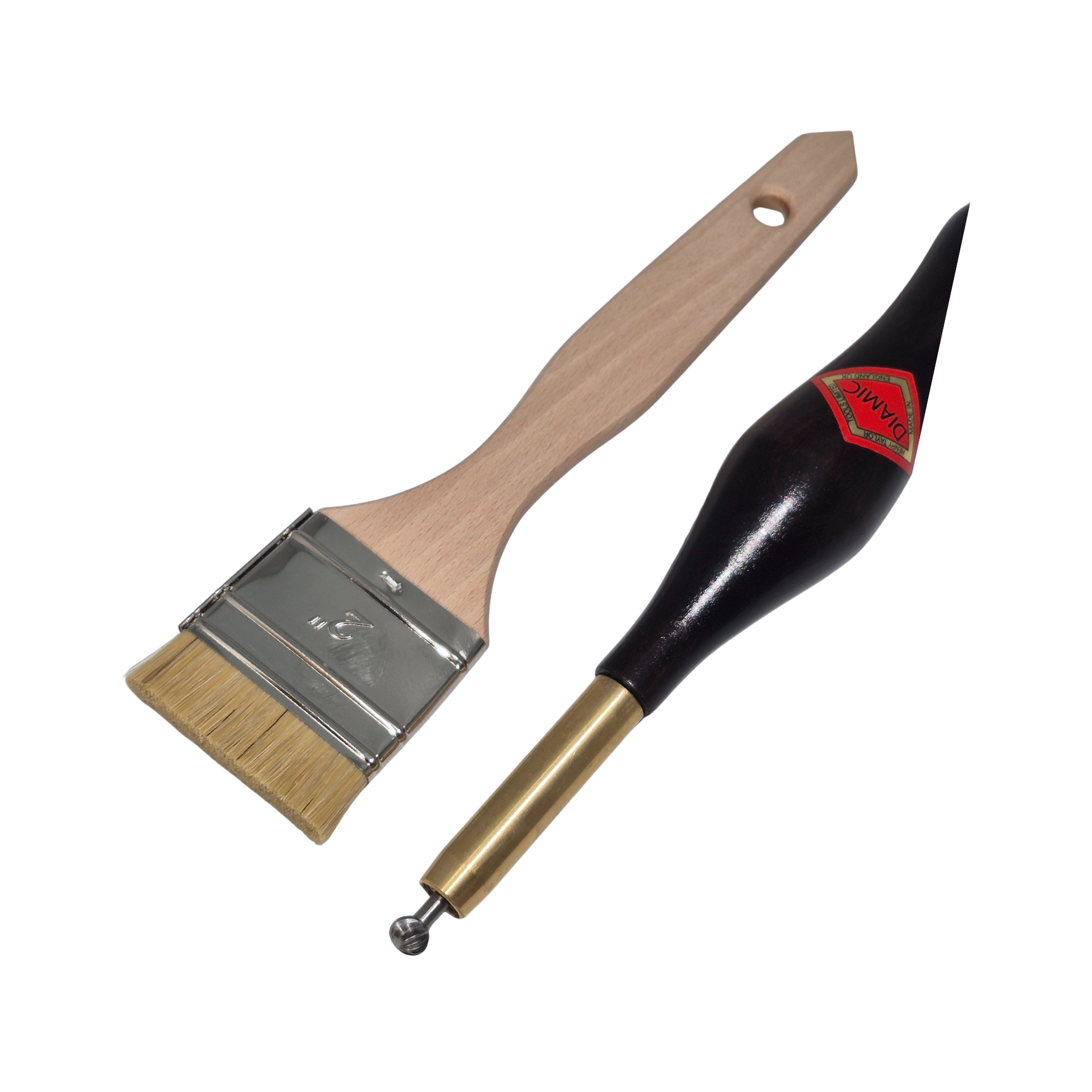 close up of steel woodturning texturing tool with wooden handle and two inch wooden brush on a white background