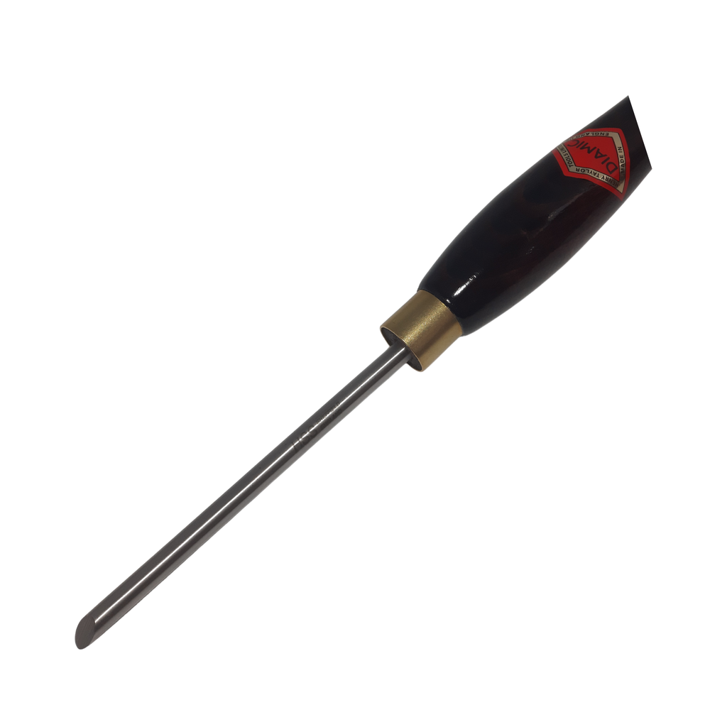 close up of high speed steel woodturning coving tool blade with wooden handle on a white background