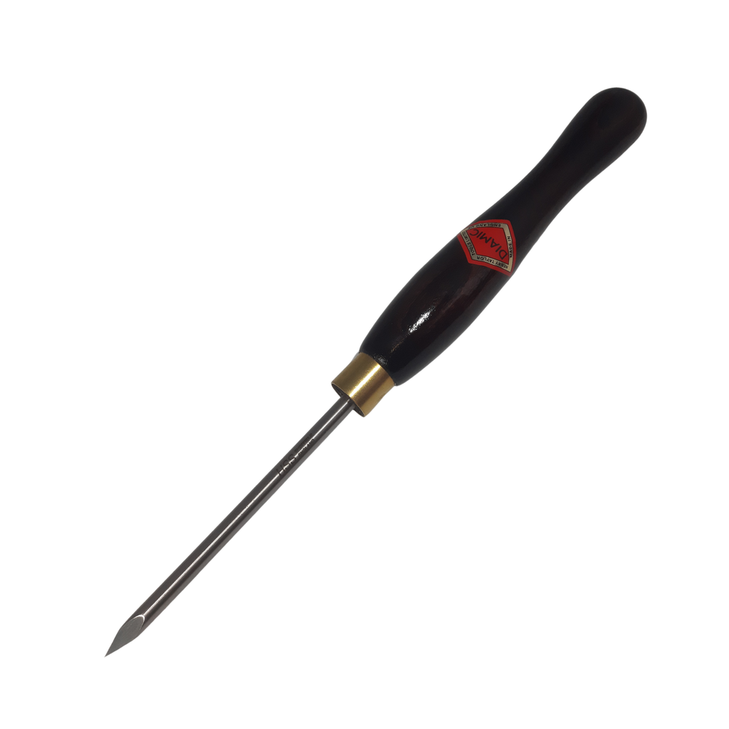 high speed steel woodturning point tool with wooden handle on a white background