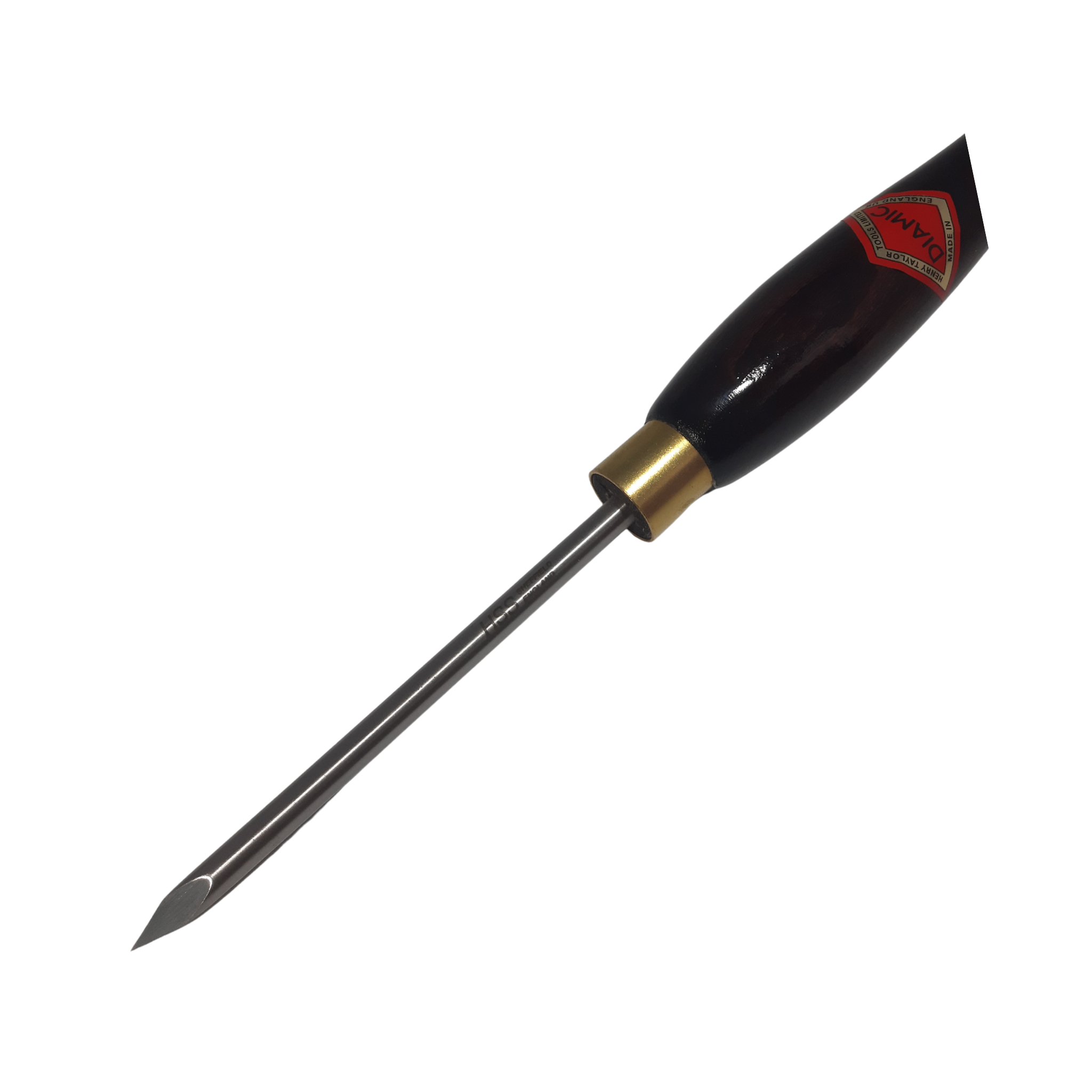 close up of high speed steel woodturning point tool blade with wooden handle on a white background