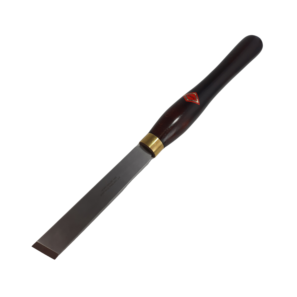woodturning 1 1/4" skew chisel with high speed steel blade and wooden handle on a white background