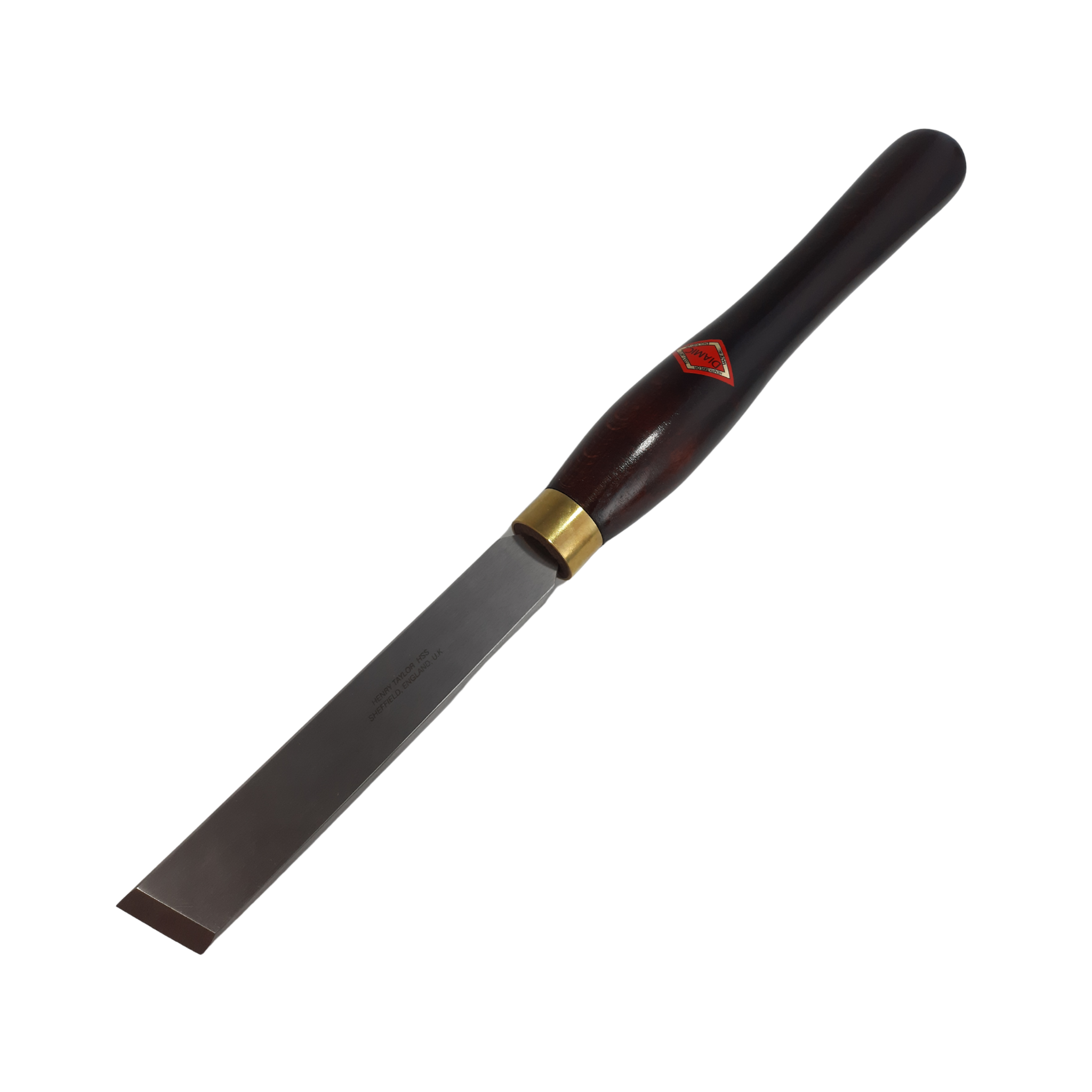 woodturning 1 1/4" skew chisel with high speed steel blade and wooden handle on a white background
