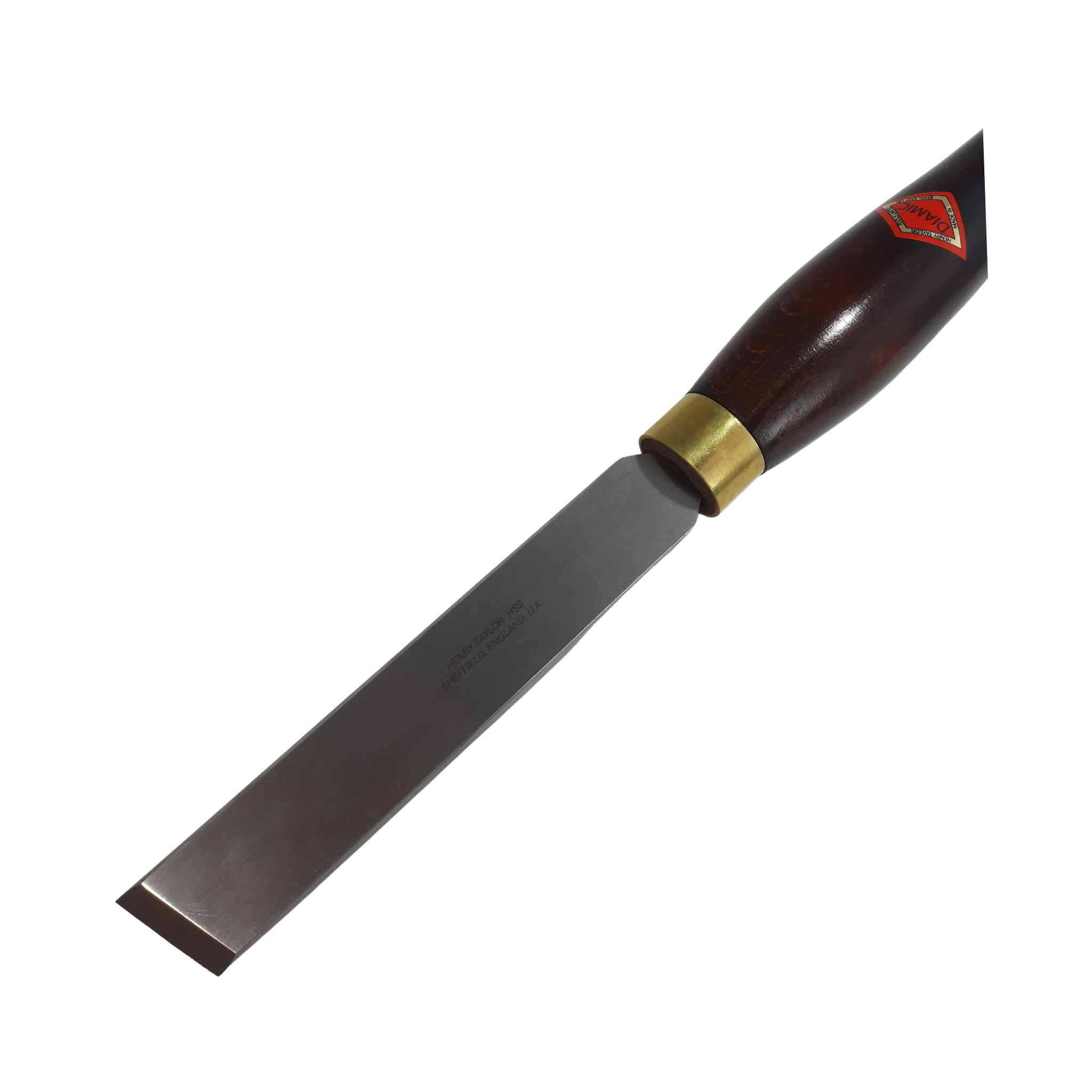 close up of woodturning 1 1/4" skew chisel with high speed steel blade and wooden handle on a white background