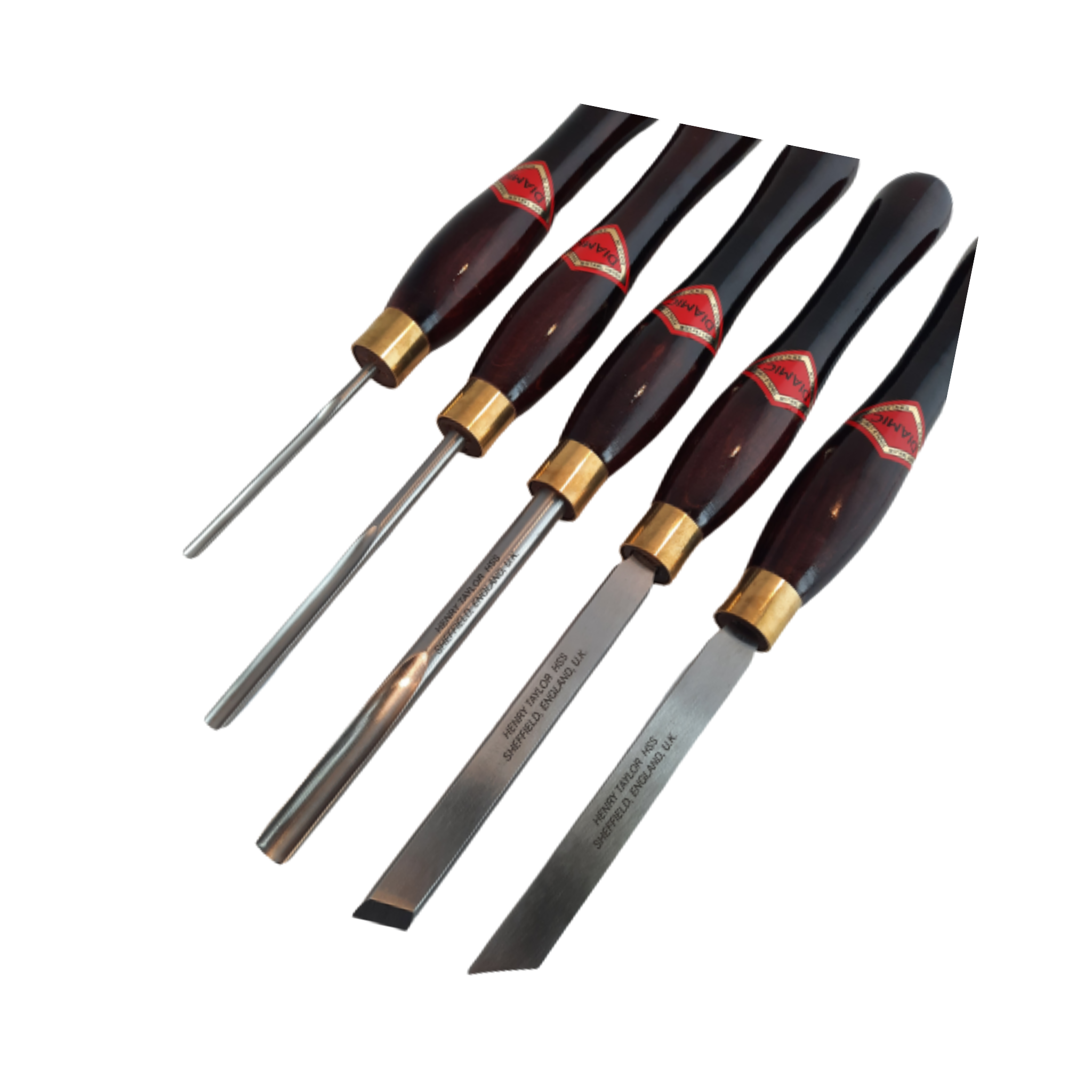 set of five miniature woodturning chisels with high speed steel blades and wooden handles on a white background