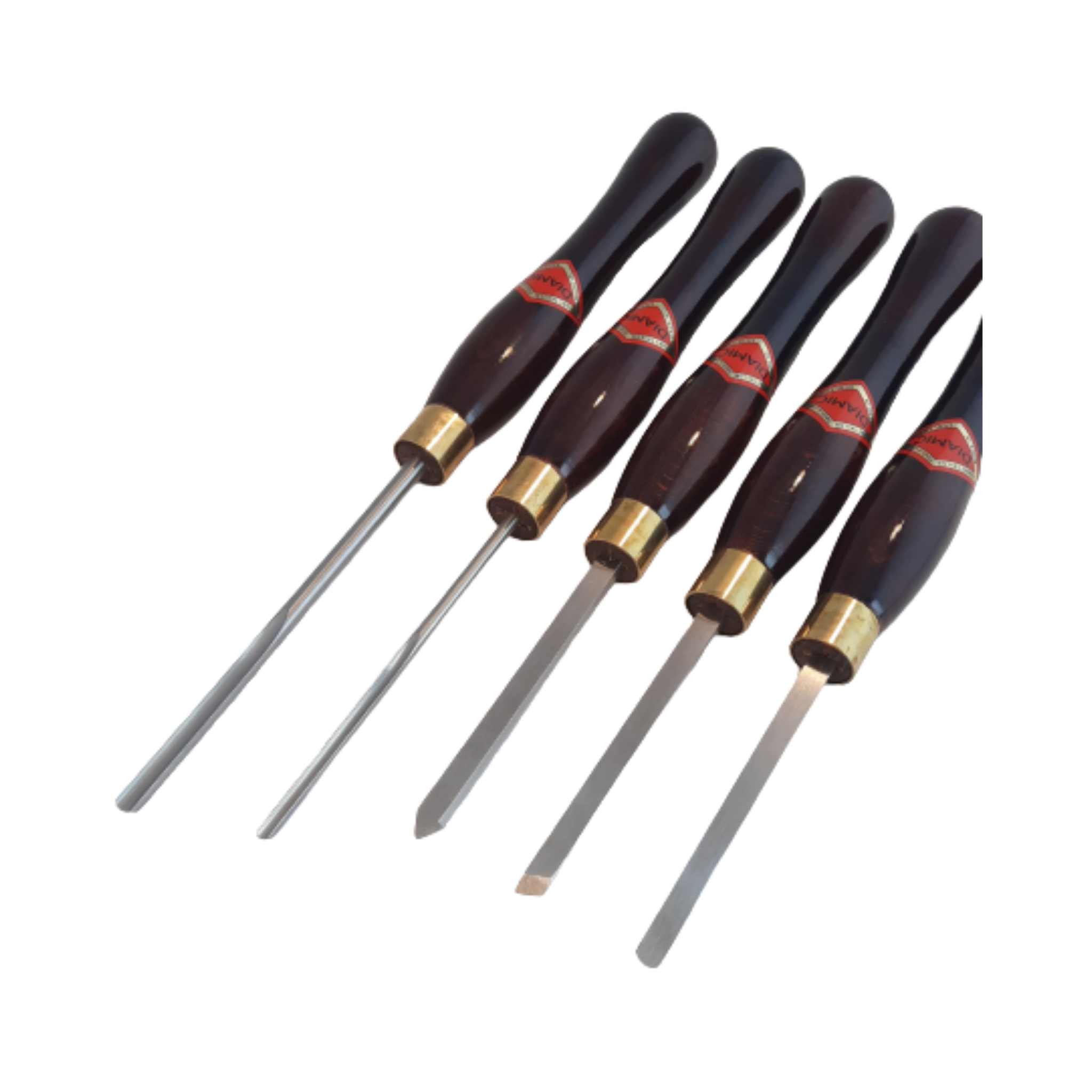 set of five woodturning chisels with high speed steel blades and wooden handles on a white background