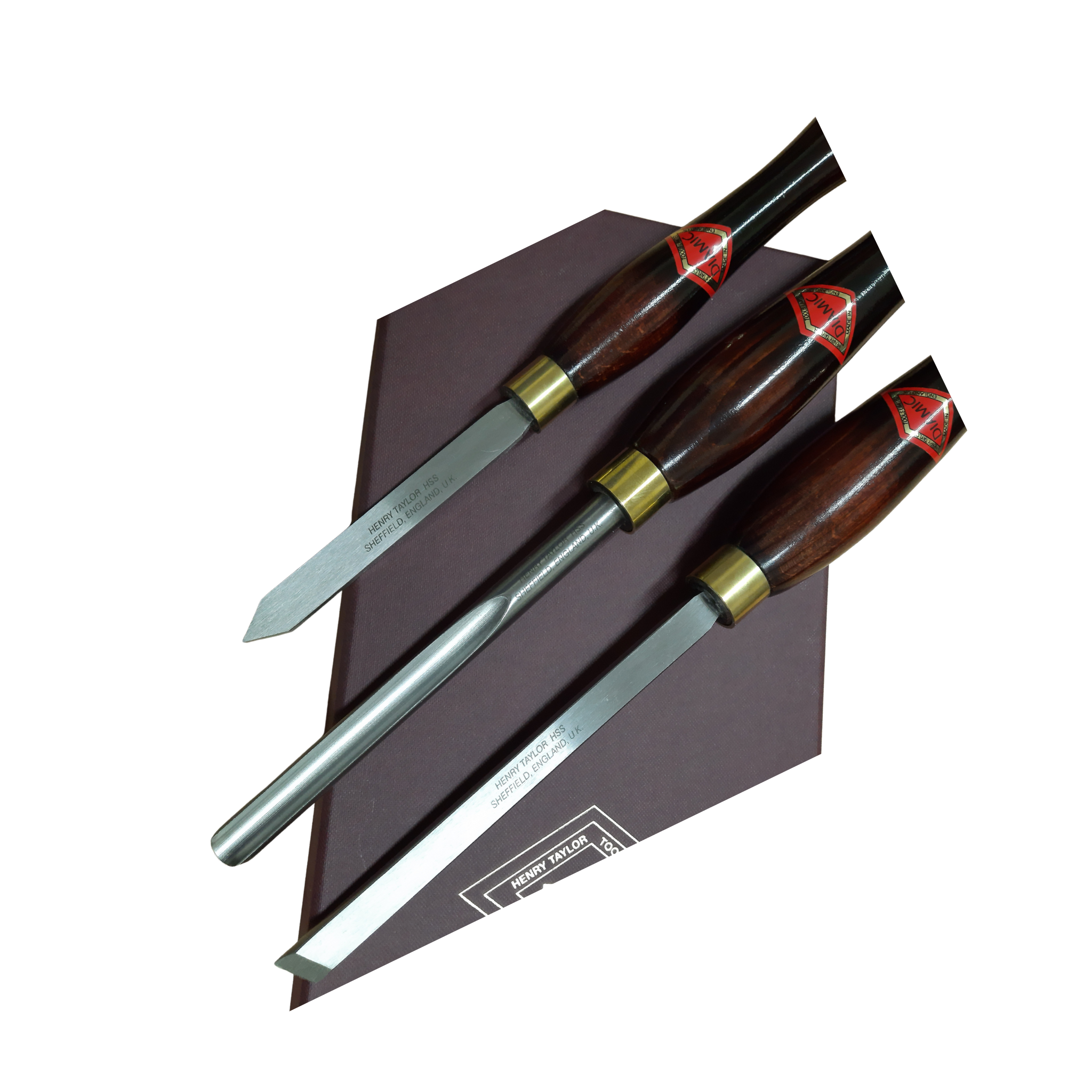 set of three woodturning chisels with high speed steel blades and wooden handles on a branded presentation box