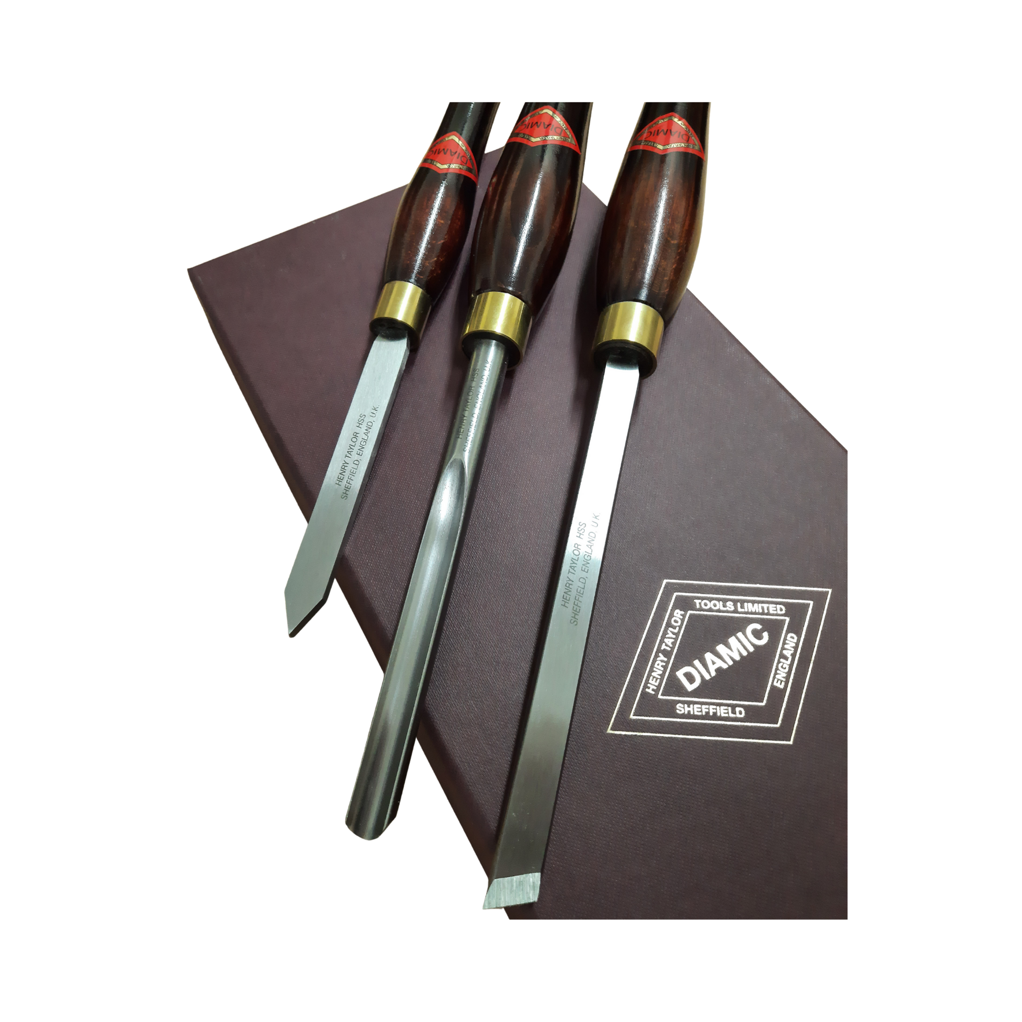 set of three woodturning chisels with high speed steel blades and wooden handles on a Diamic branded presentation box