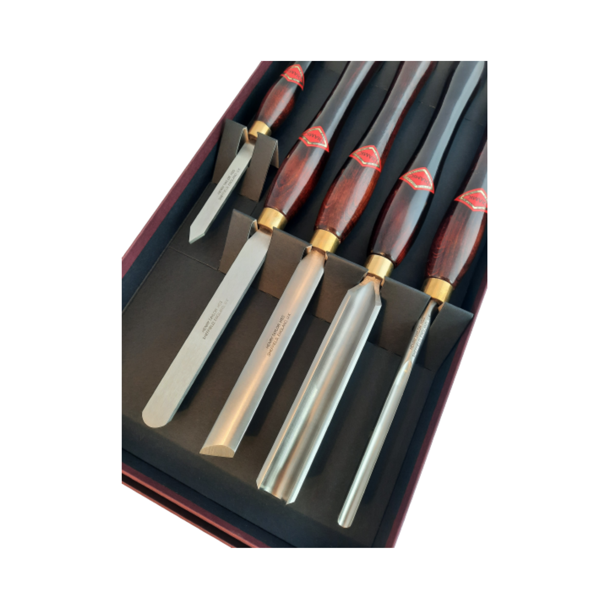 set of five woodturning chisels with high speed steel blades and wooden handles in a presentation box