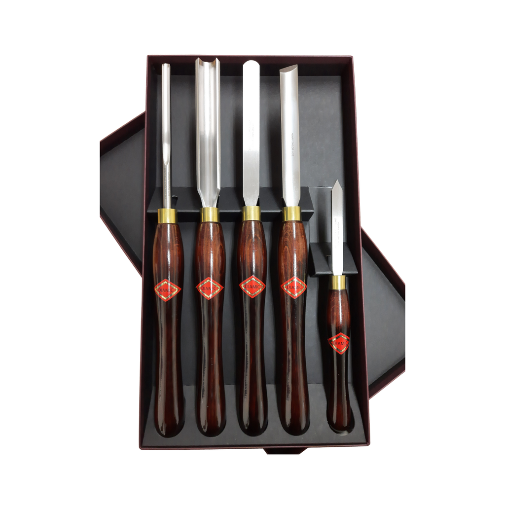 set of five woodturning chisels with high speed steel blades and wooden handles in a presentation box on a white background