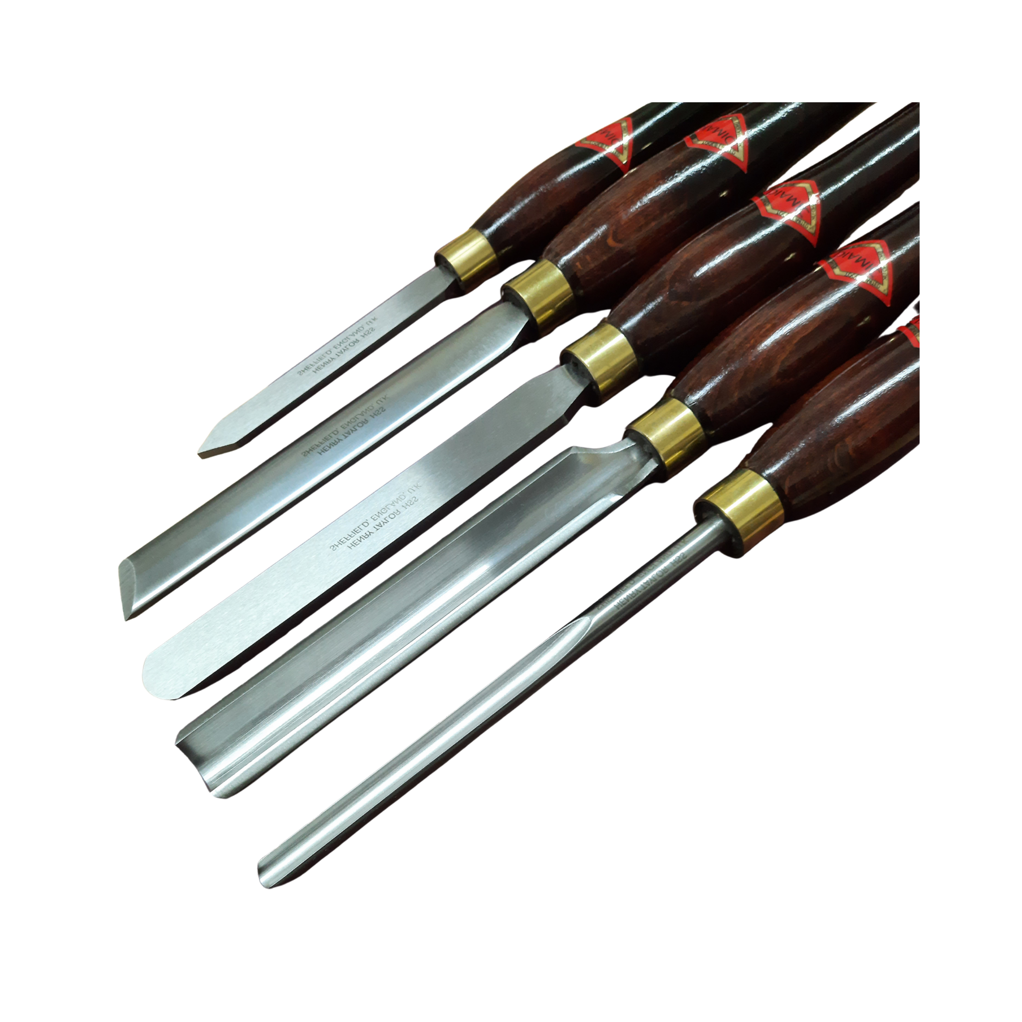 set of five woodturning chisels with high speed steel blades and wooden handles on a white background