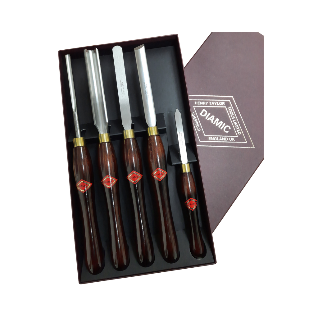 set of five woodturning chisels with high speed steel blades and wooden handles in a branded presentation box