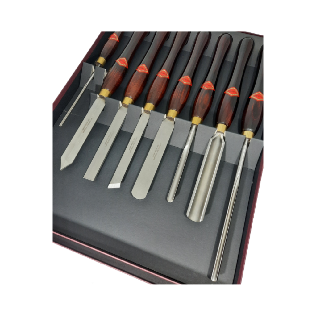 set of eight high speed steel woodturning chisels with wooden handles in a presentation box