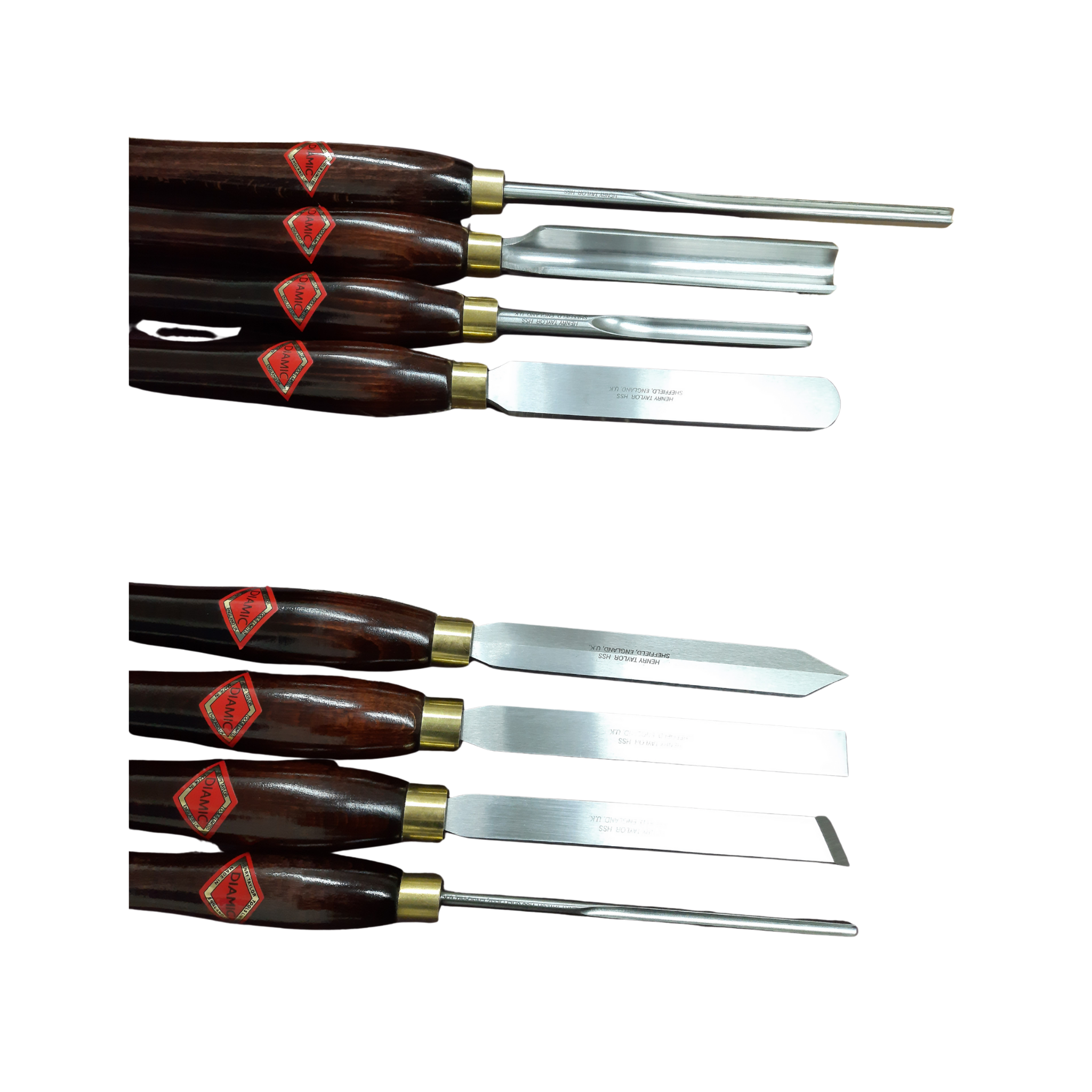 set of eight woodturning chisels with high speed steel blades and wooden handles on a white background