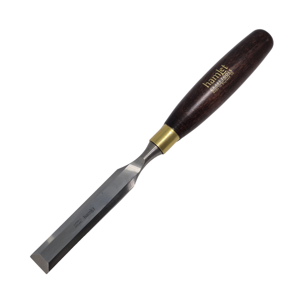 wooden-handled firmer chisel with 'Hamlet' branding and steel blade on a white background