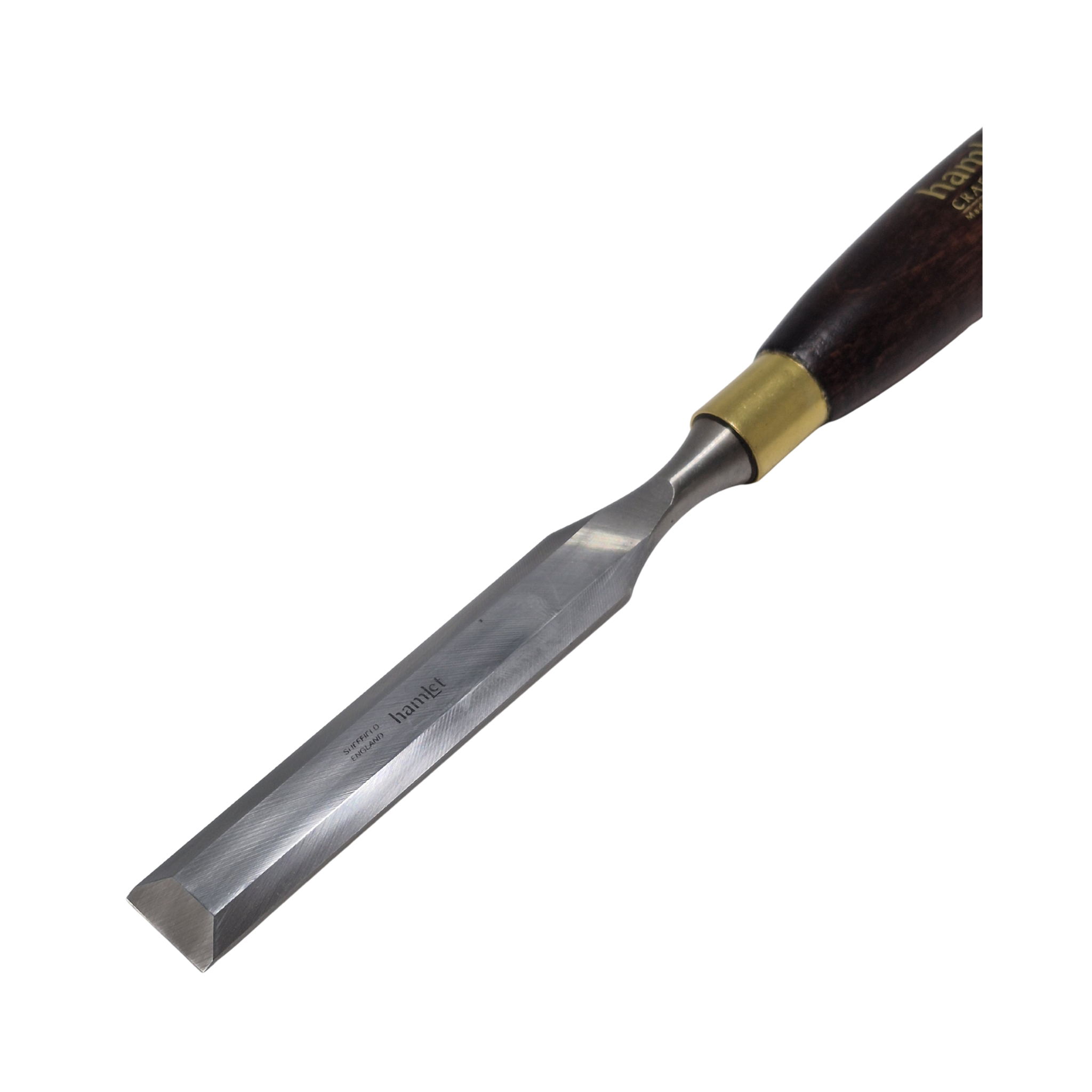 close up of wooden-handled firmer chisel with 'Hamlet' branding and steel blade on a white background