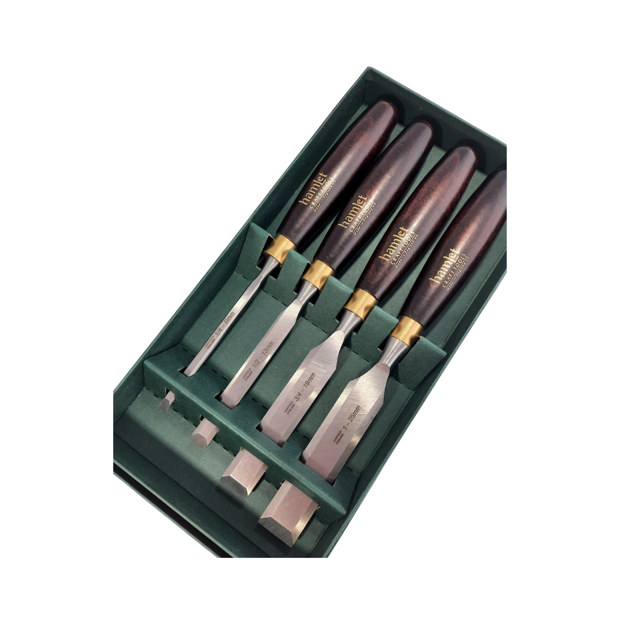 set of four wooden-handled firmer chisels with 'Hamlet' branding and steel blades in a green box