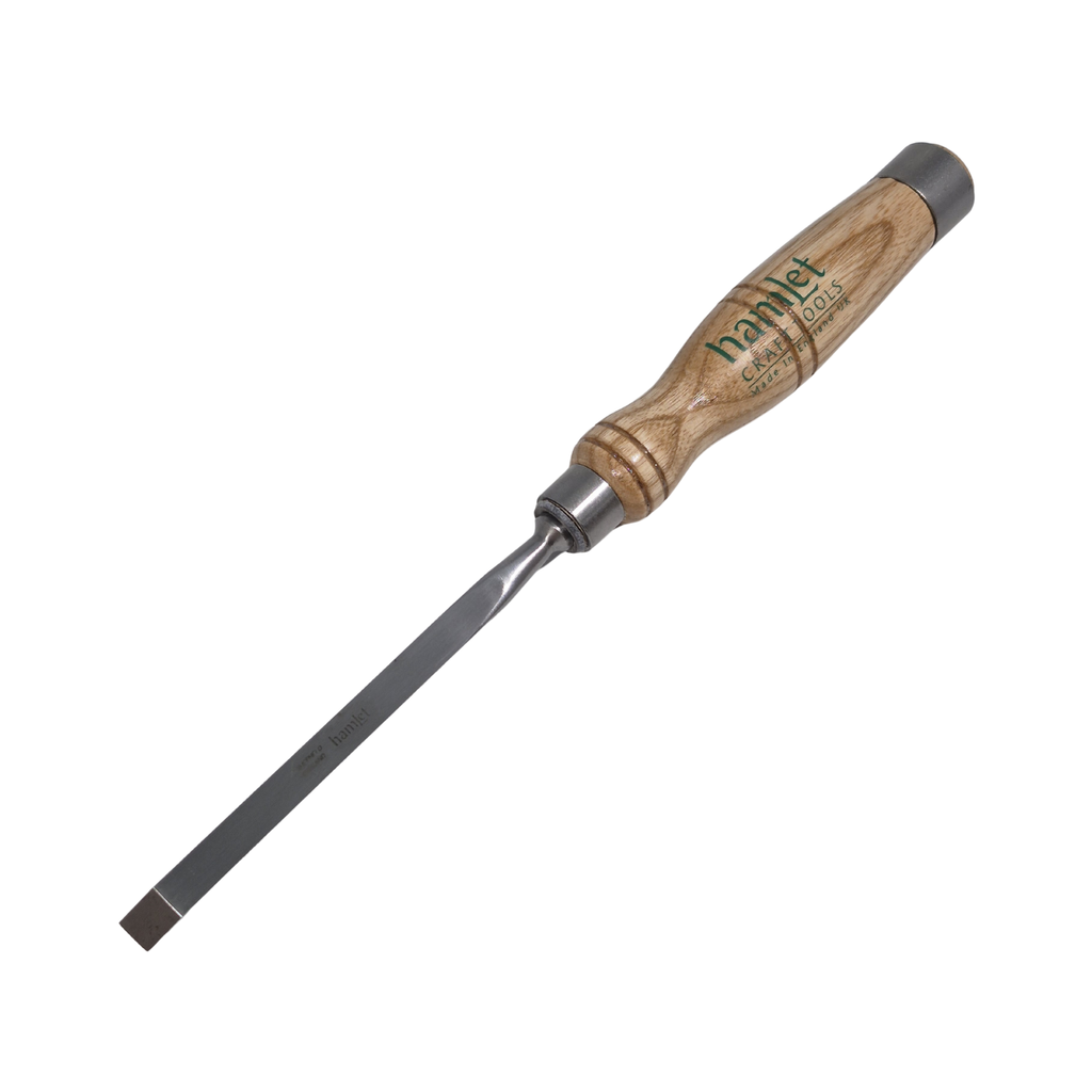 wooden-handled mortice chisel with 'Hamlet' branding and steel blade on a white background