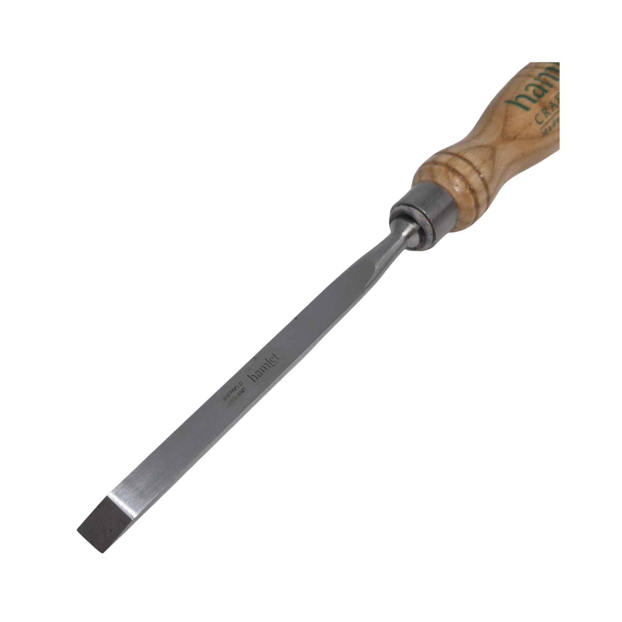 close up of wooden-handled mortice chisel with 'Hamlet' branding and steel blade on a white background