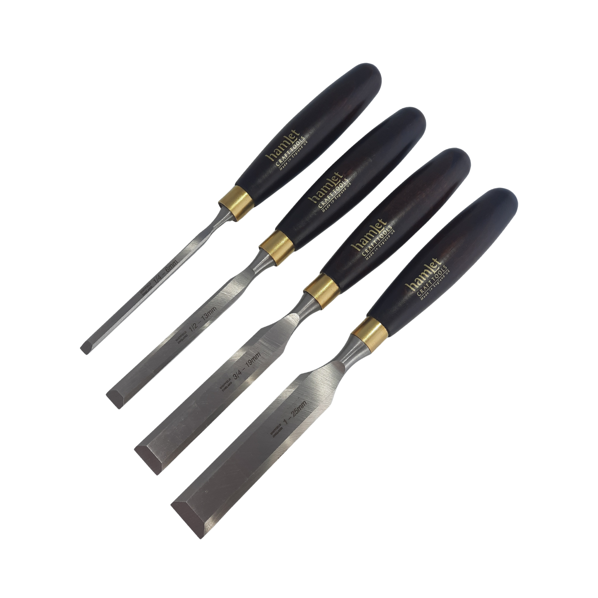 set of four wooden-handled firmer chisels with 'Hamlet' branding and steel blades on a white background
